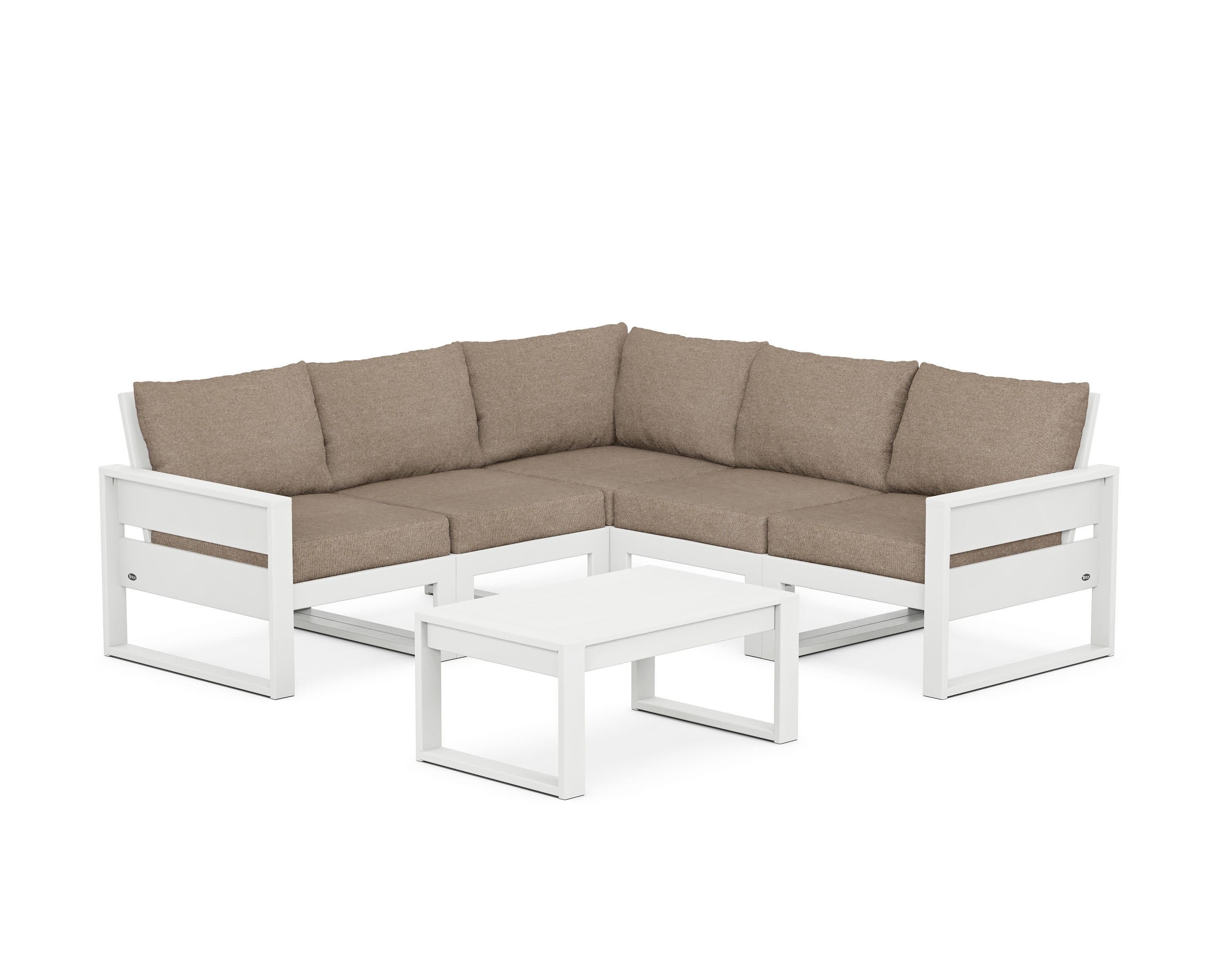 Eastport 6-Piece Deep Seating Sectional + Coffee Table Set in Classic White / Spiced Burlap