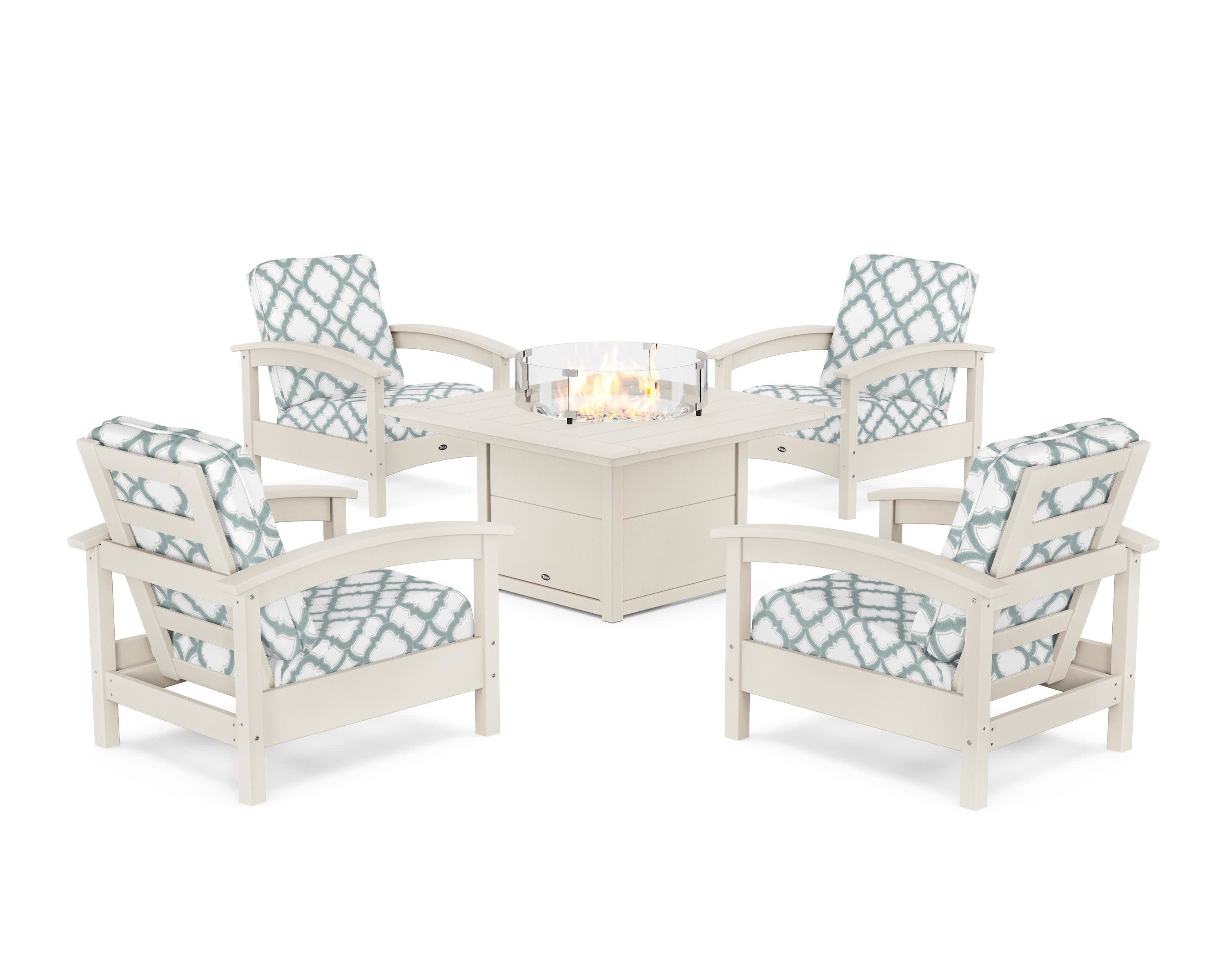Rockport 5-Piece Deep Seating Set with Square Fire Pit Table in Sand Castle / Trellis Glacier Spa