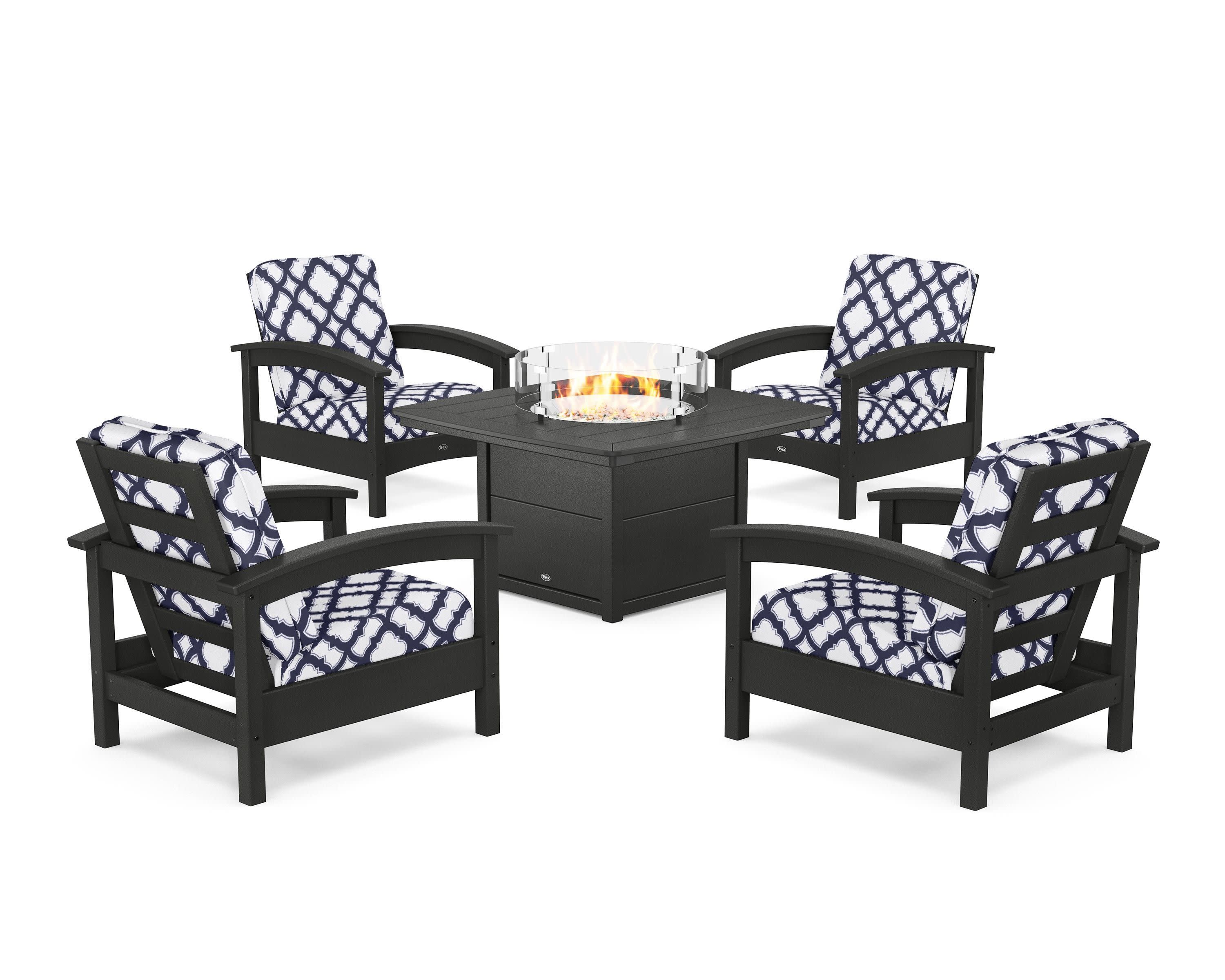 Rockport 5-Piece Deep Seating Set with Yacht Club Fire Pit Table in Charcoal Black / Trellis Navy