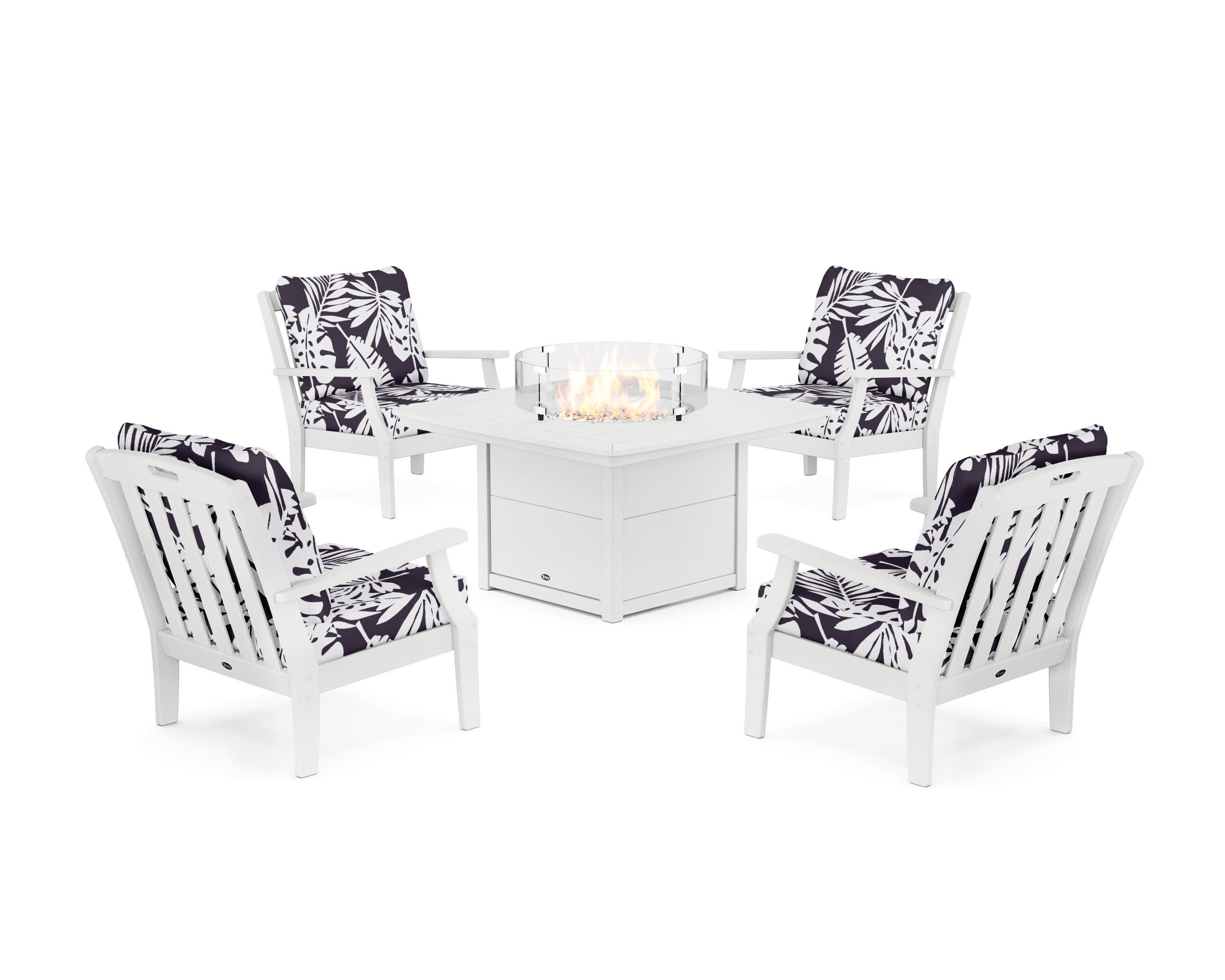 Yacht Club 5-Piece Deep Seating Set with Fire Pit Table in Classic White / Leaf Navy