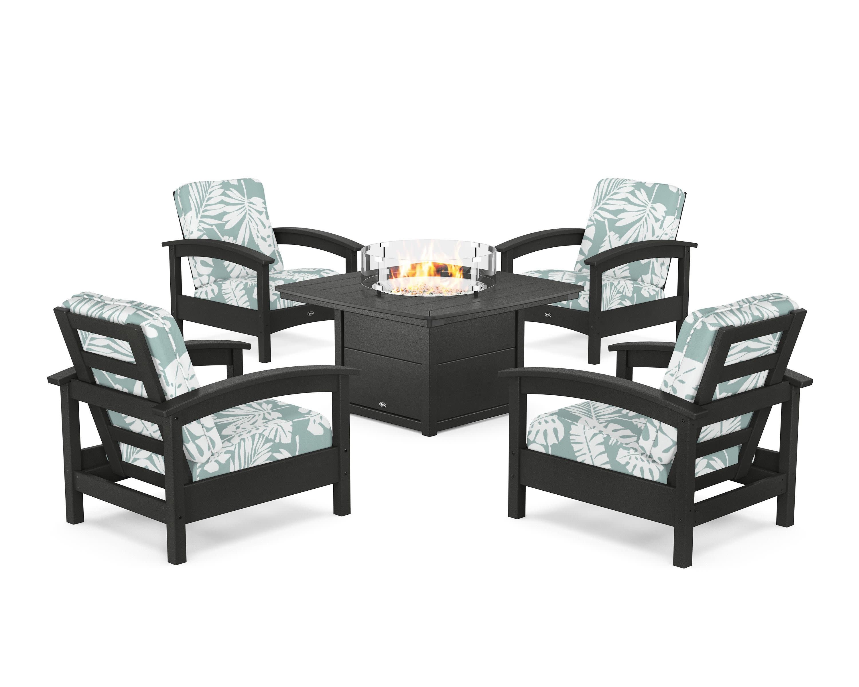 Rockport 5-Piece Deep Seating Set with Yacht Club Fire Pit Table in Charcoal Black / Leaf Glacier Spa