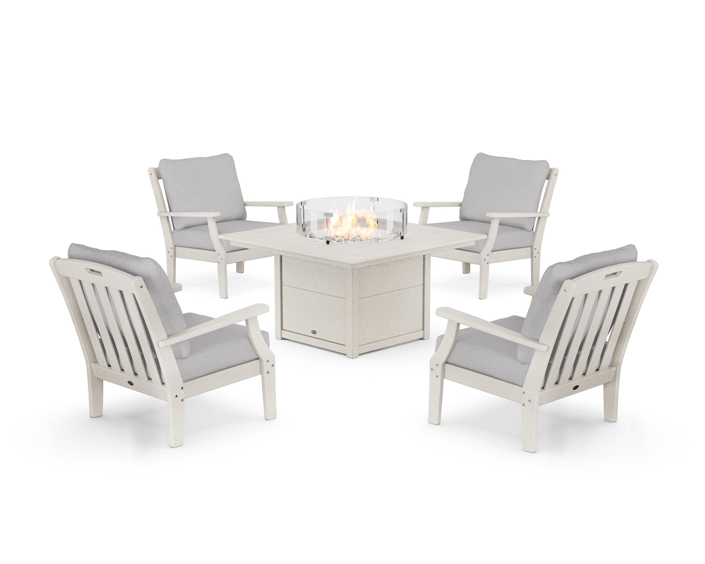Yacht Club 5-Piece Deep Seating Set with Square Fire Pit Table in Sand Castle / Granite