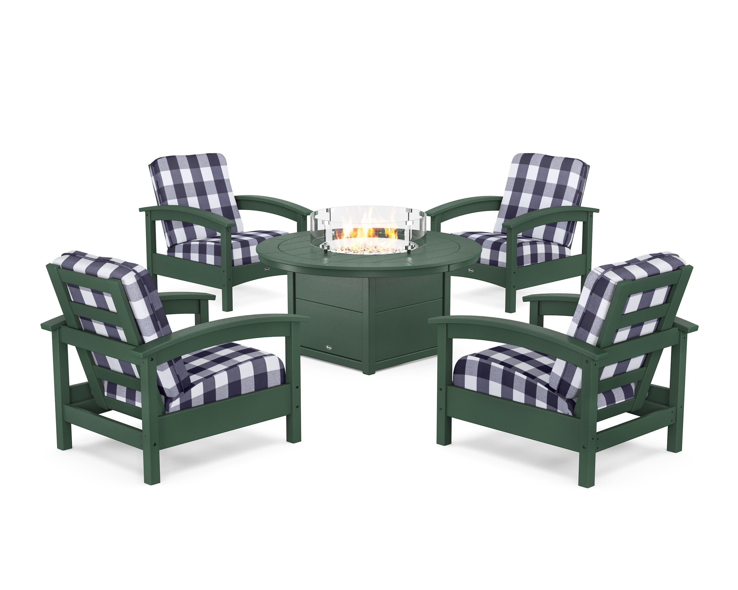 Rockport 5-Piece Deep Seating Set with Round Fire Pit Table in Rainforest Canopy / Buffalo Plaid Navy