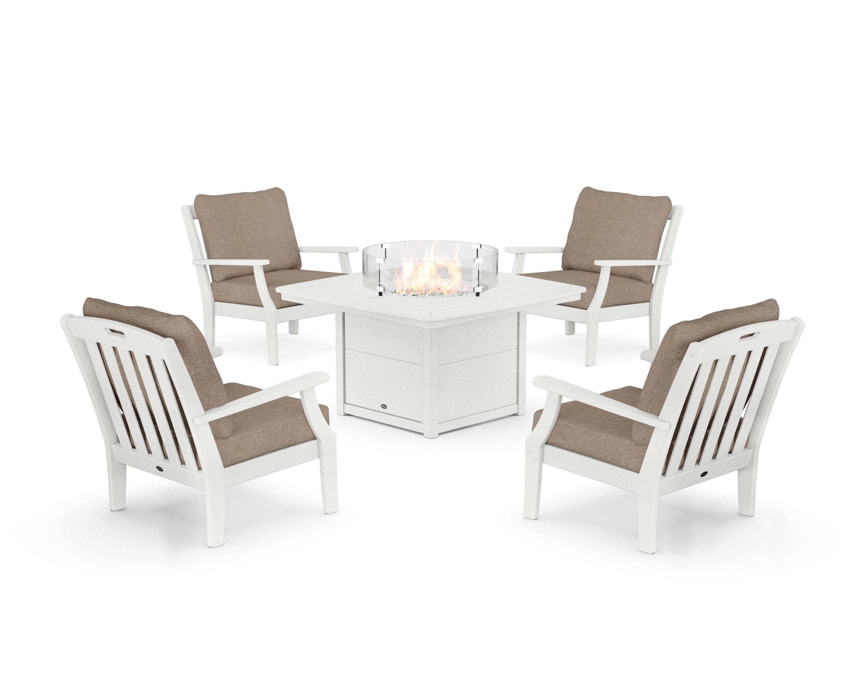 Yacht Club 5-Piece Deep Seating Set with Fire Pit Table in Classic White / Spiced Burlap