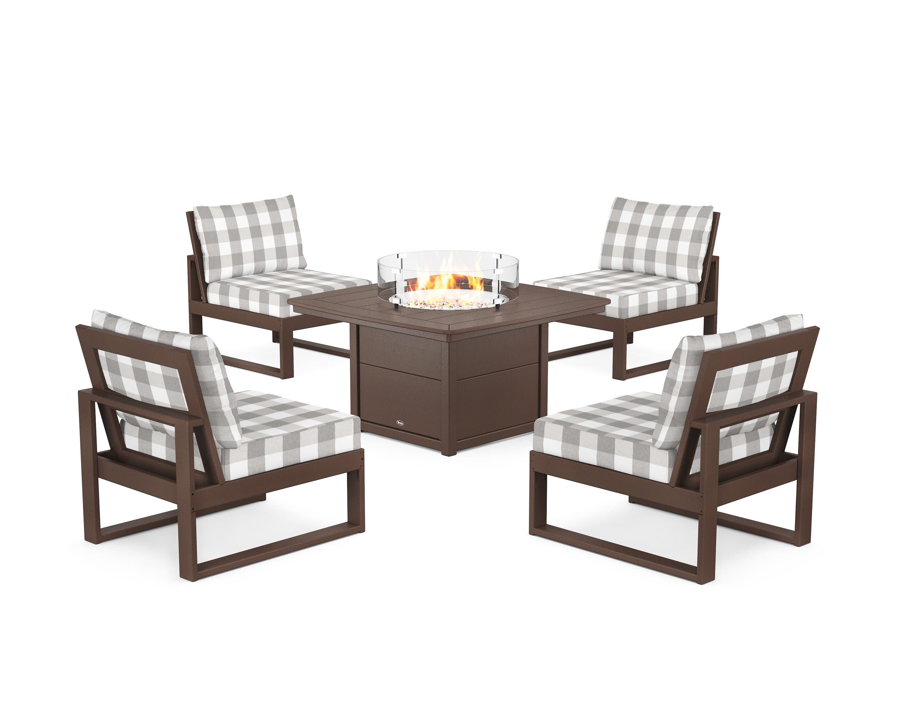 Eastport Modular 5-Piece Deep Seating Set with Yacht Club Fire Pit Table in Vintage Lantern / Buffalo Plaid Grey Mist