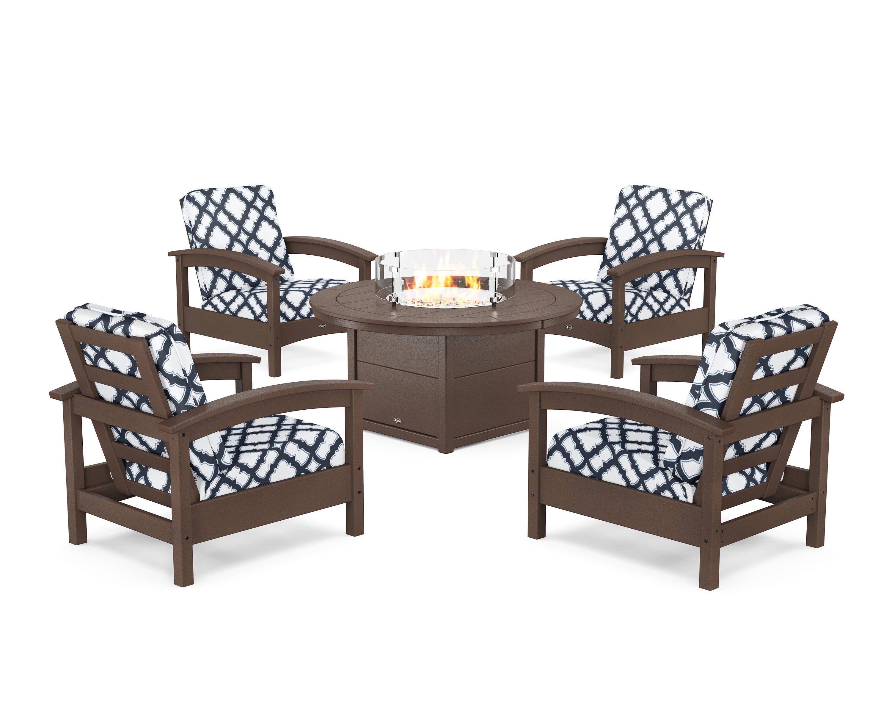 Rockport 5-Piece Deep Seating Set with Round Fire Pit Table in Vintage Lantern / Trellis Marine Indigo