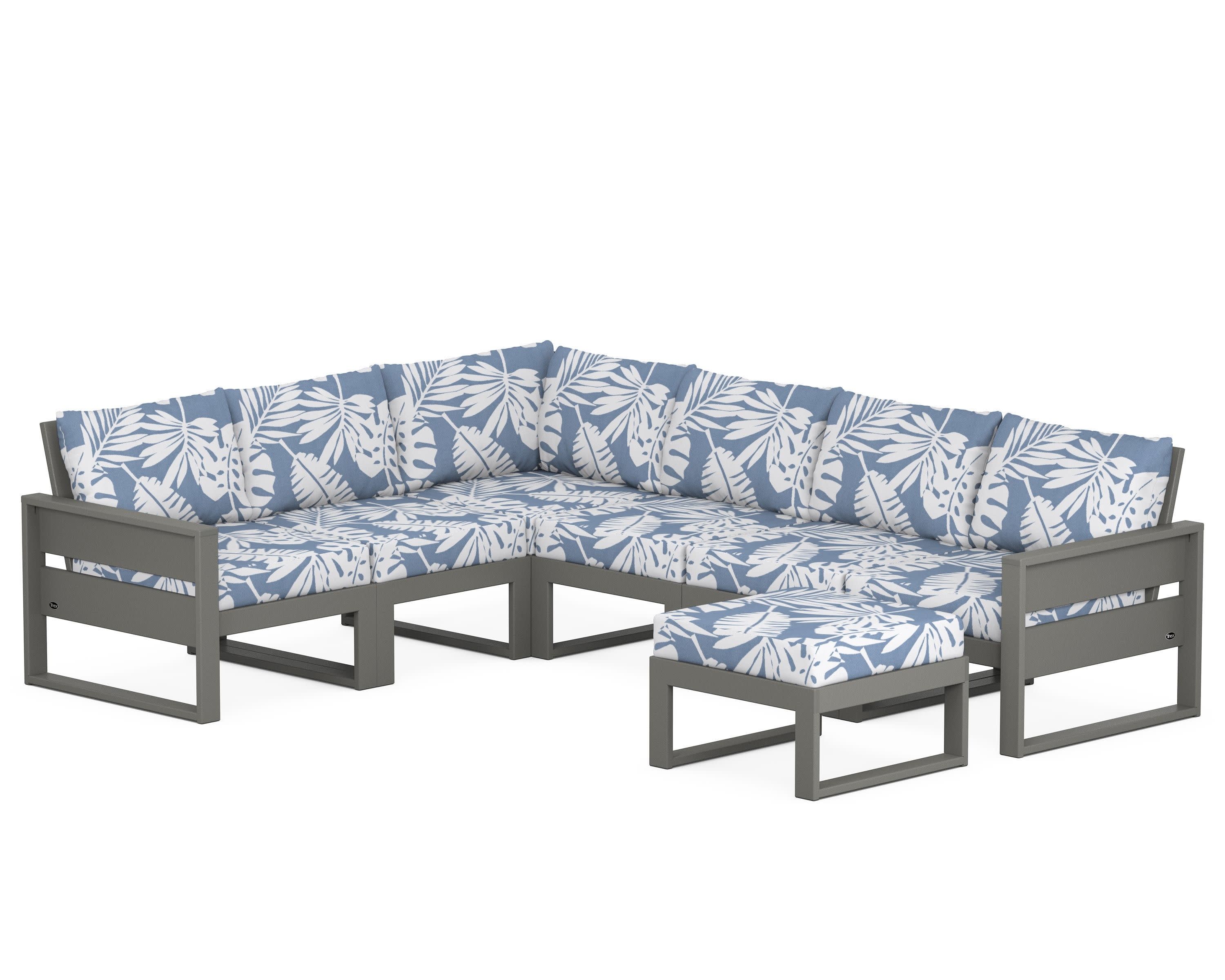 Eastport 6-Piece Sectional with Ottoman in Stepping Stone / Leaf Sky Blue