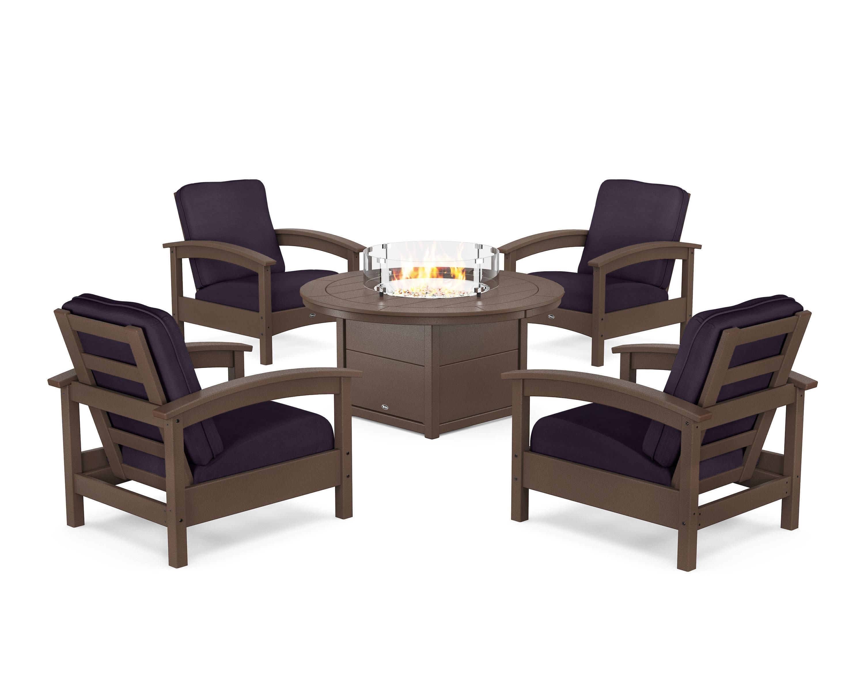 Rockport 5-Piece Deep Seating Set with Round Fire Pit Table in Vintage Lantern / Navy Linen