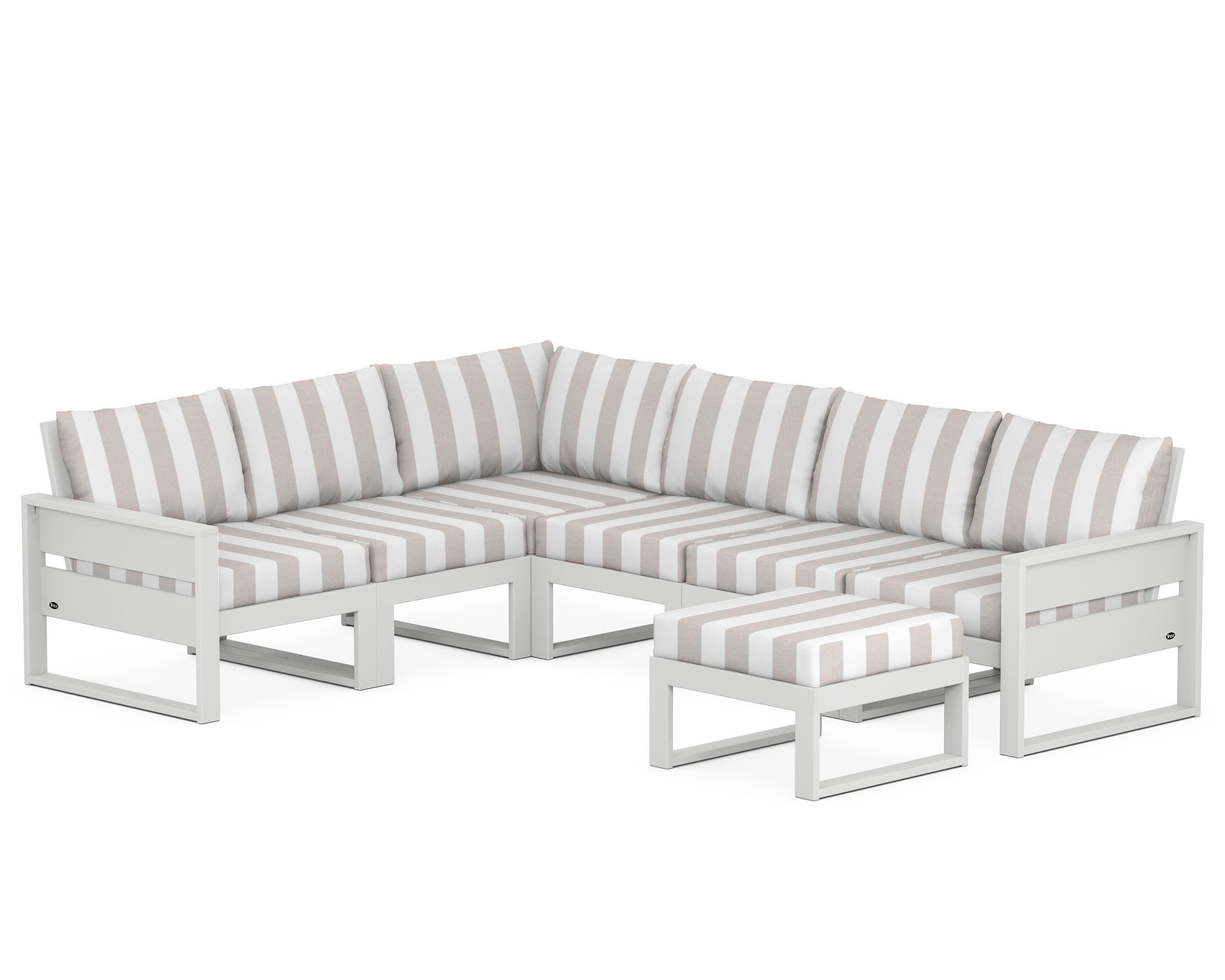 Eastport 6-Piece Sectional with Ottoman in Classic White / Cabana Stripe Dune Burlap