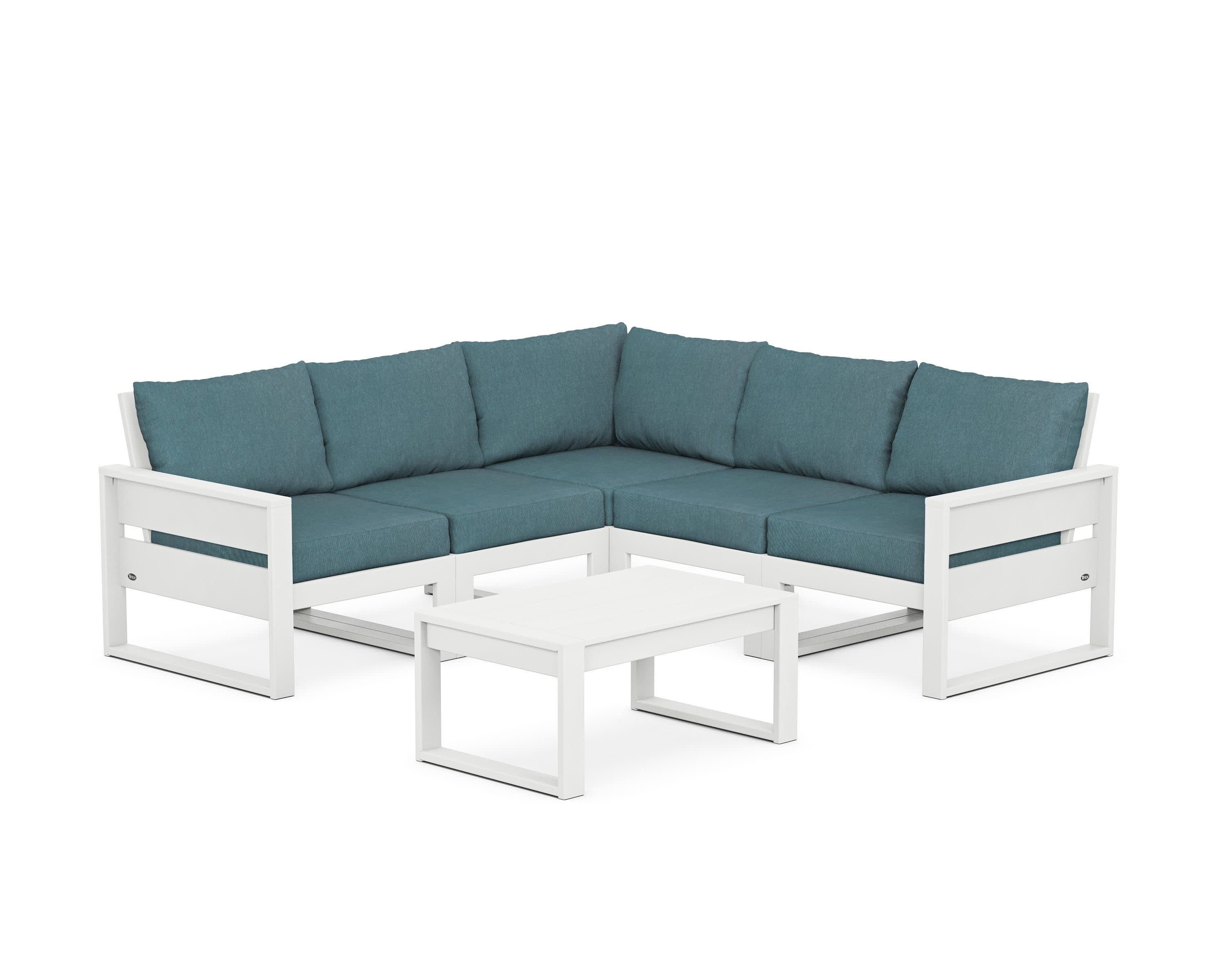 Eastport 6-Piece Deep Seating Sectional + Coffee Table Set in Classic White / Ocean Teal