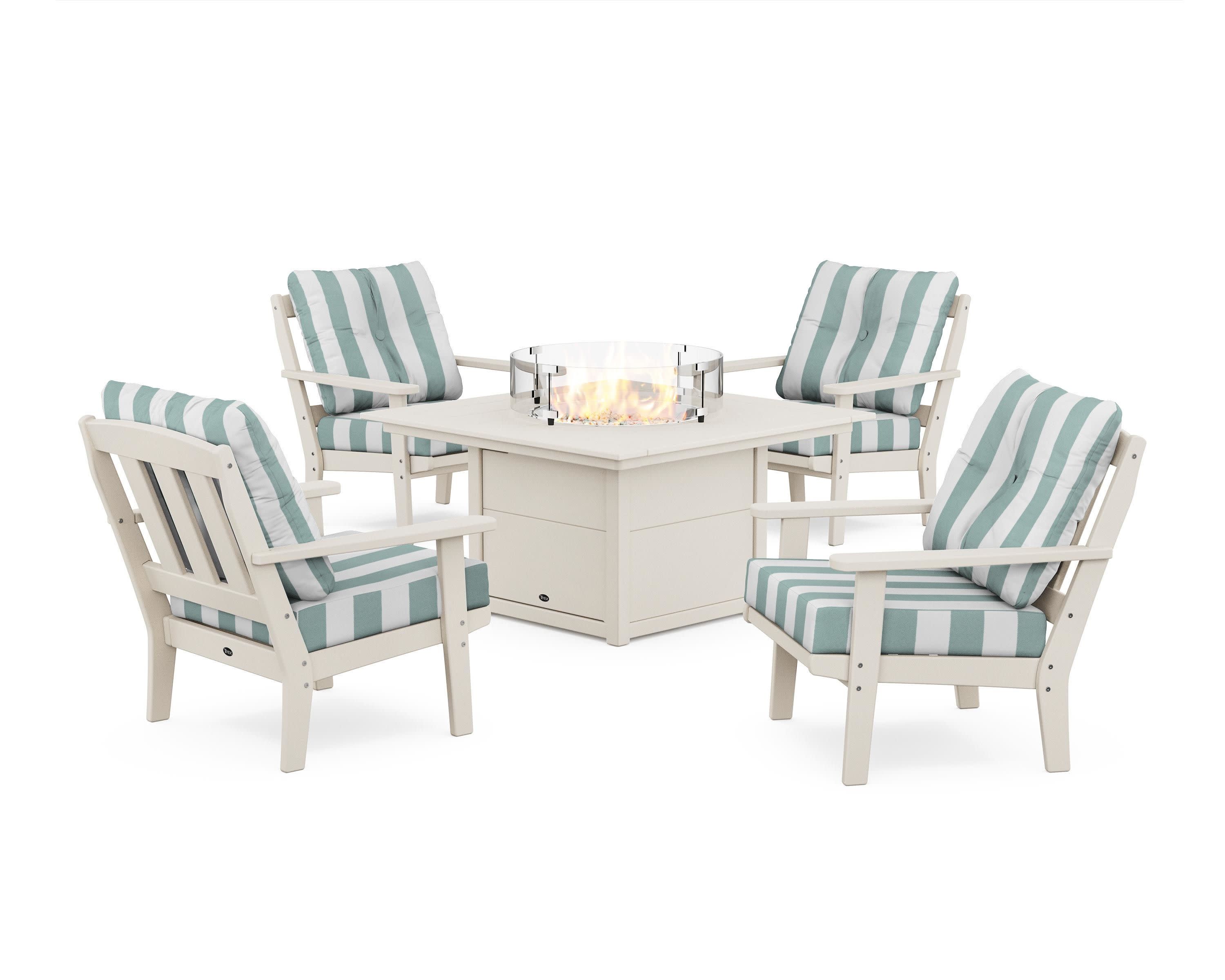 Cape Cod 5-Piece Deep Seating Set with Fire Pit Table in Sand Castle / Cabana Stripe Glacier Spa