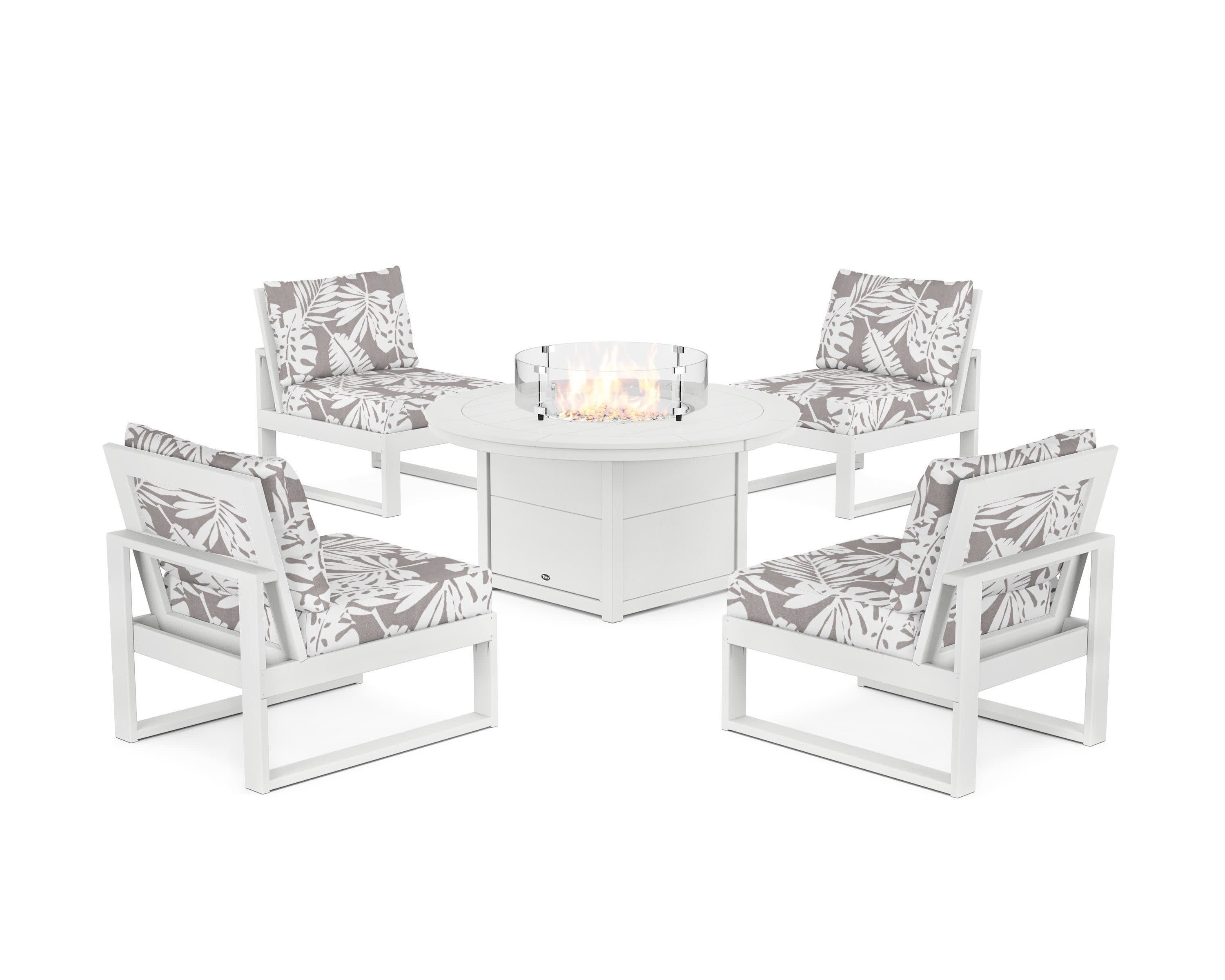 Eastport Modular 5-Piece Deep Seating Set with Round Fire Pit Table in Classic White / Leaf Grey Mist