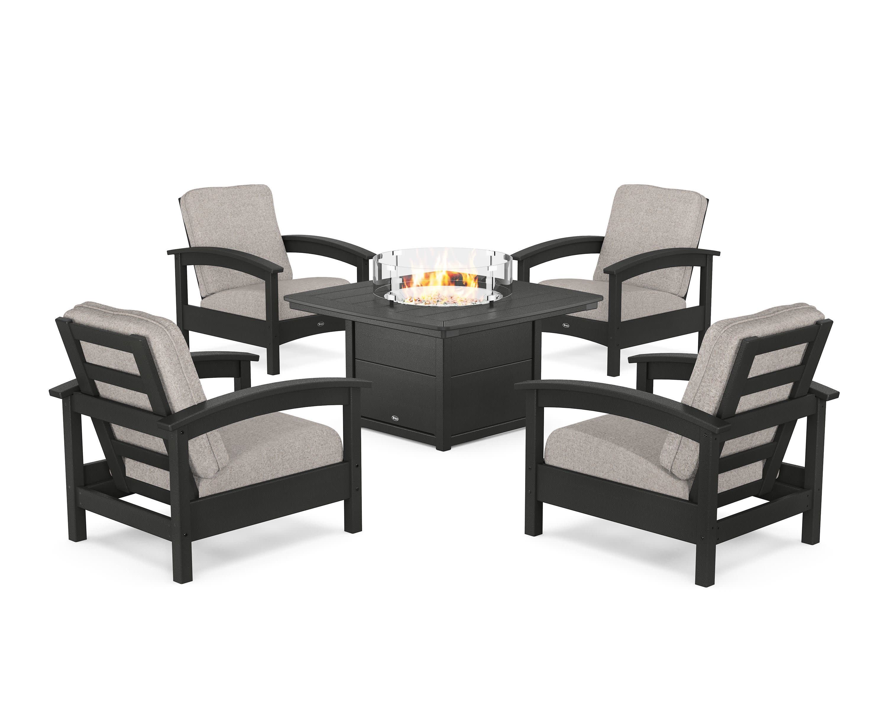 Rockport 5-Piece Deep Seating Set with Yacht Club Fire Pit Table in Charcoal Black / Weathered Tweed