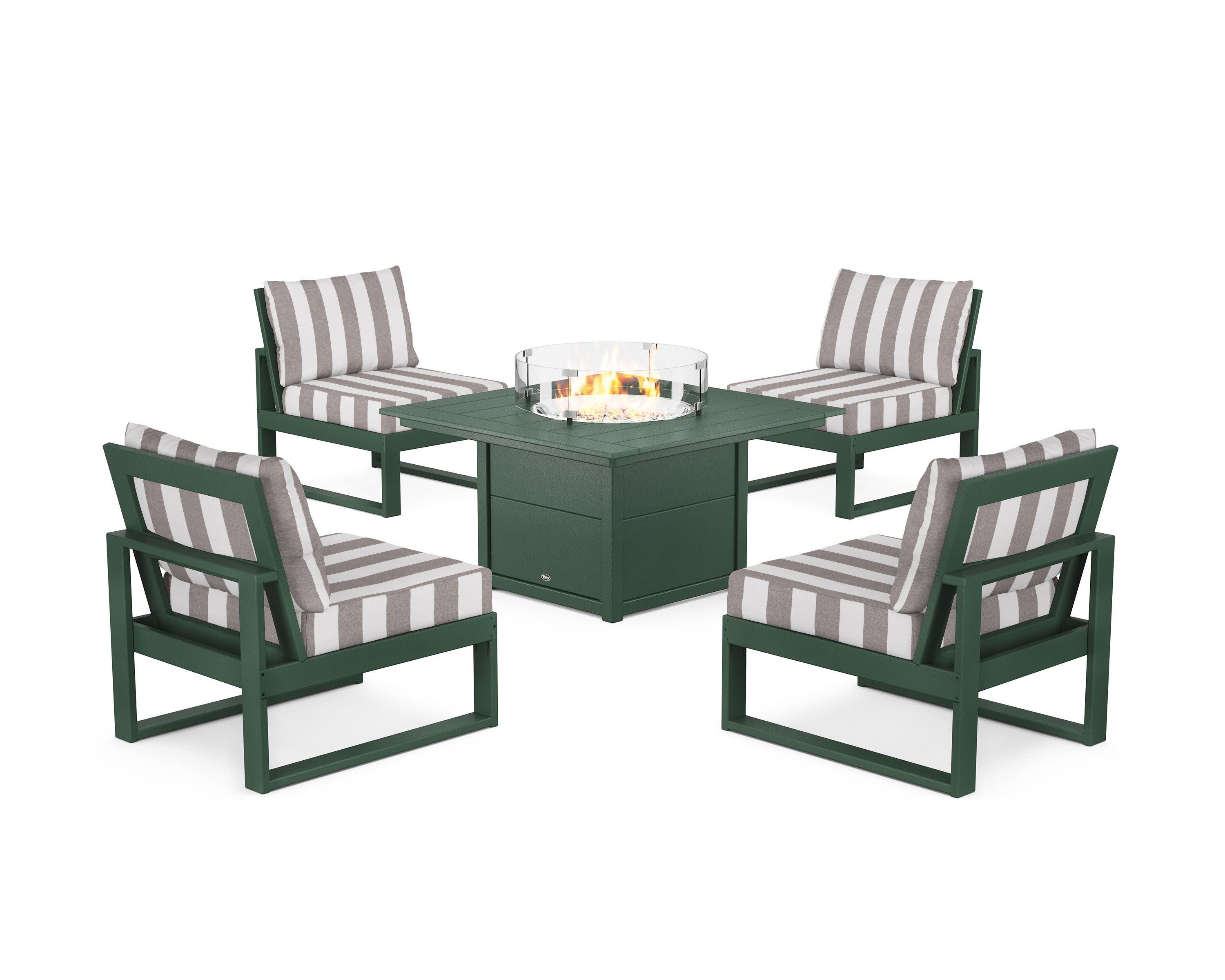 Eastport Modular 5-Piece Deep Seating Set with Square Fire Pit Table in Rainforest Canopy / Cabana Stripe Grey Mist