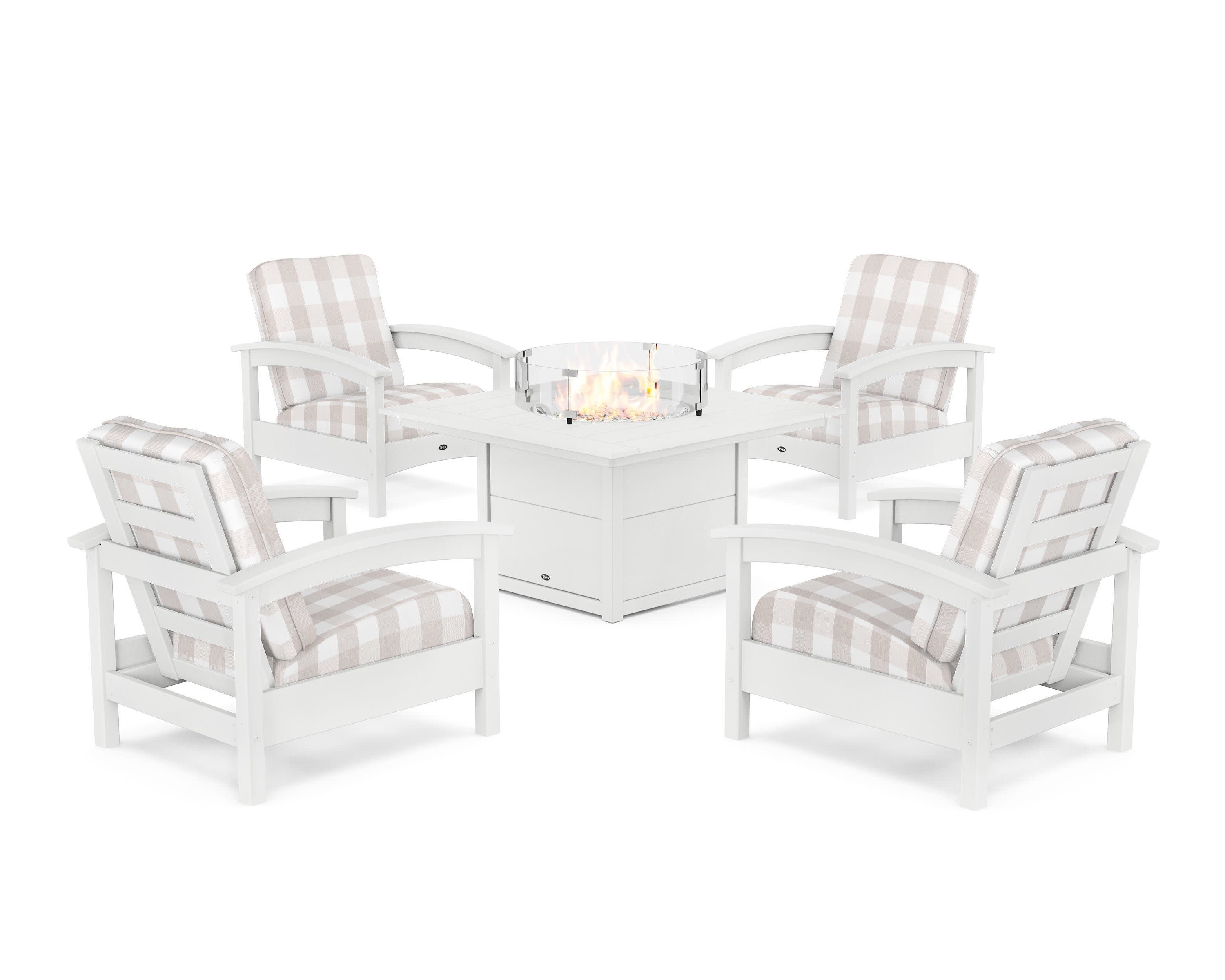 Rockport 5-Piece Deep Seating Set with Square Fire Pit Table in Classic White / Buffalo Plaid Dune Burlap