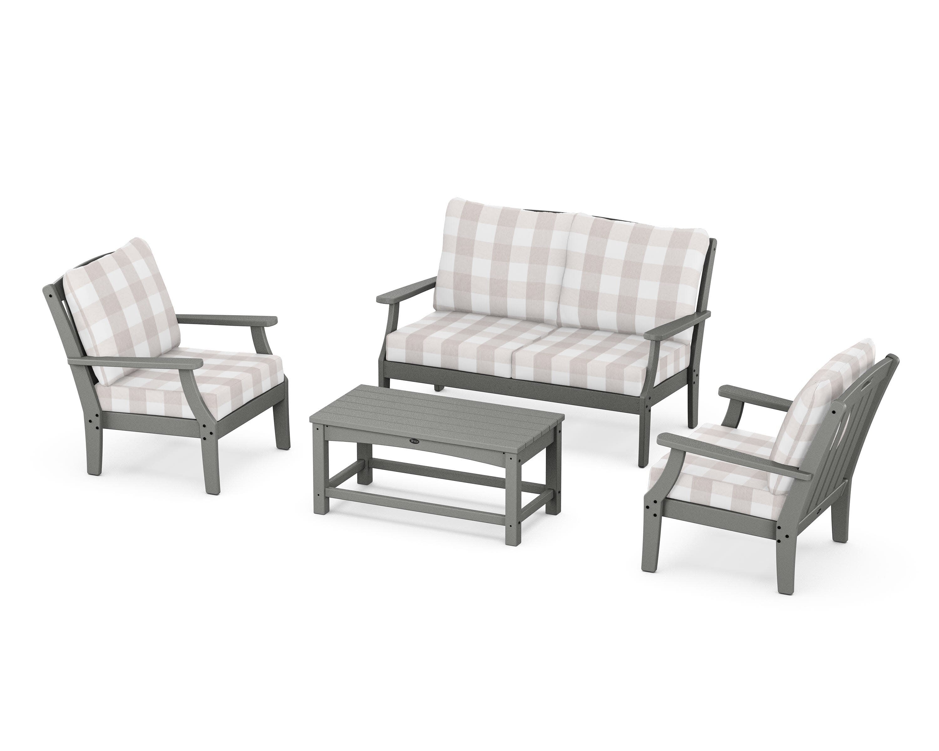 Yacht Club 4-Piece Deep Seating Chair Set in Stepping Stone / Buffalo Plaid Dune Burlap