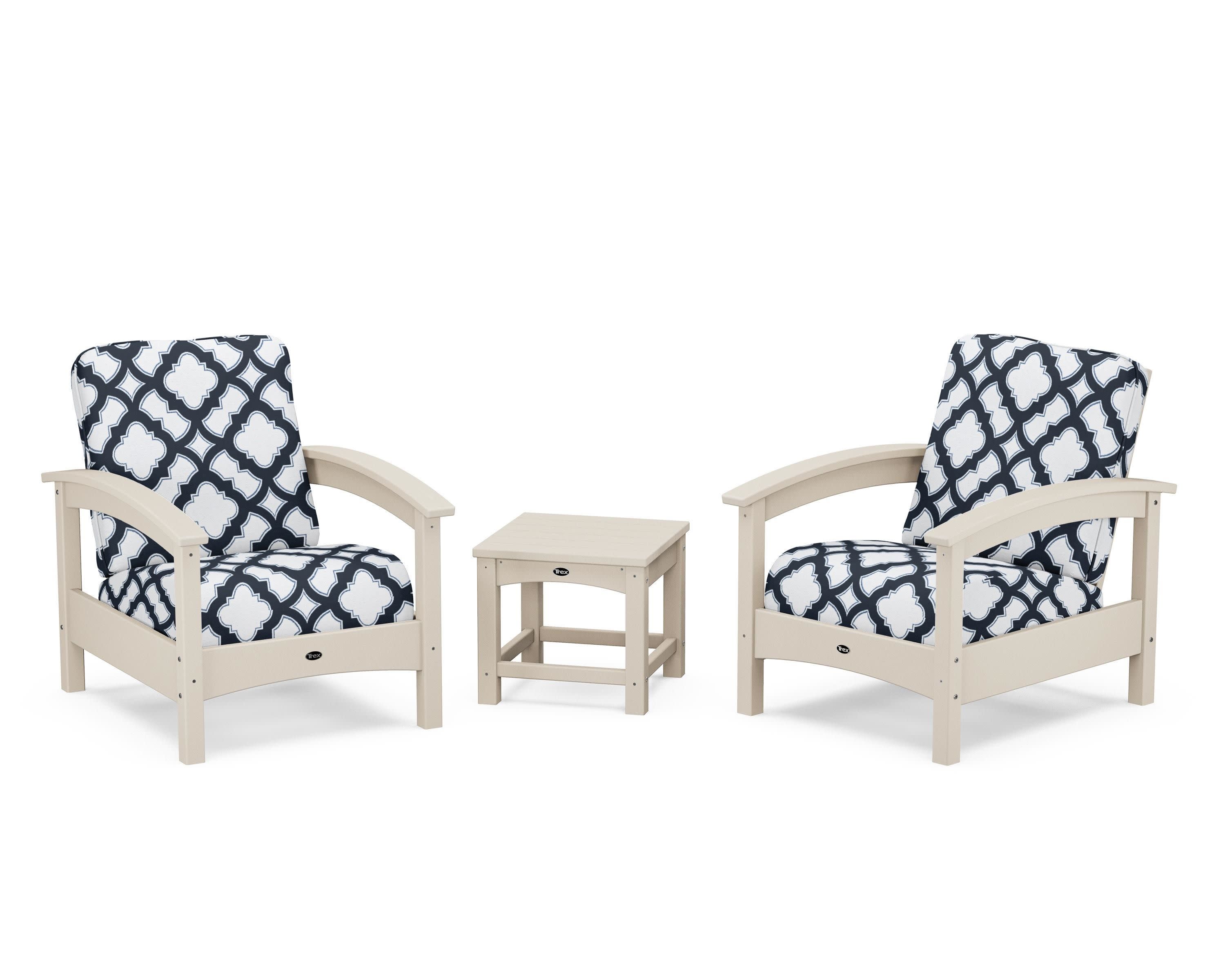 Rockport Club 3-Piece Deep Seating Conversation Set in Sand Castle / Trellis Marine Indigo