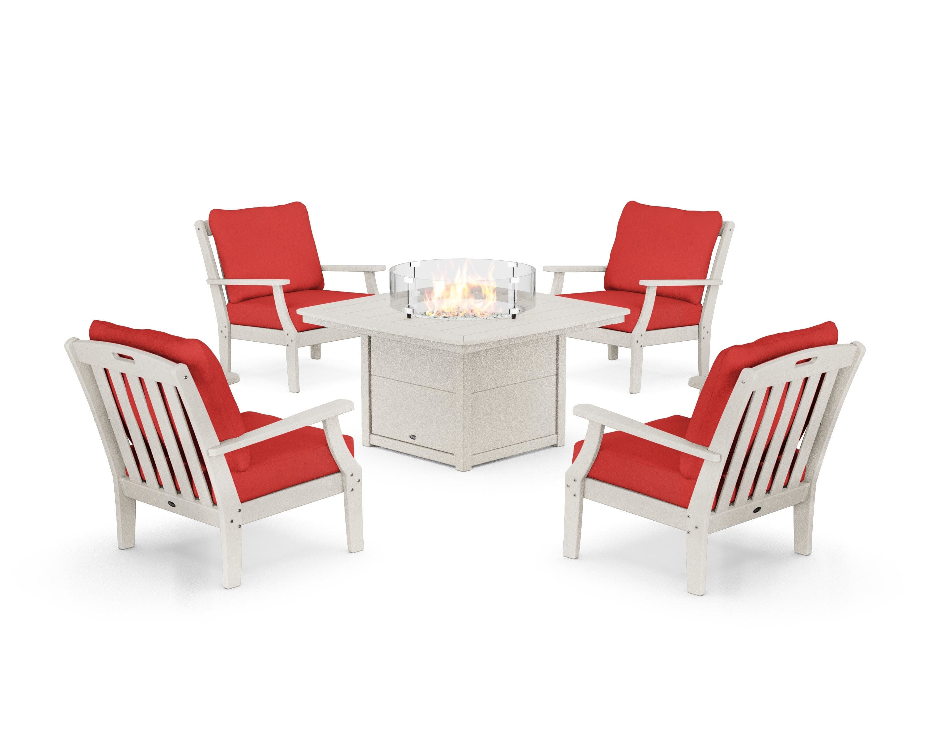 Yacht Club 5-Piece Deep Seating Set with Fire Pit Table in Sand Castle / Crimson Linen