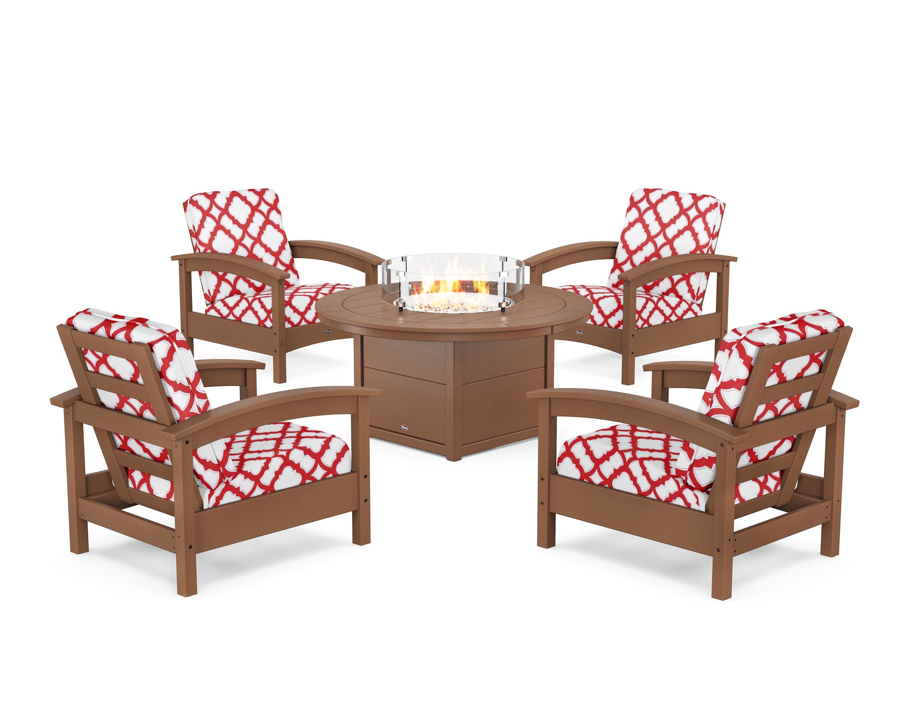 Rockport 5-Piece Deep Seating Set with Round Fire Pit Table in Tree House / Trellis Crimson