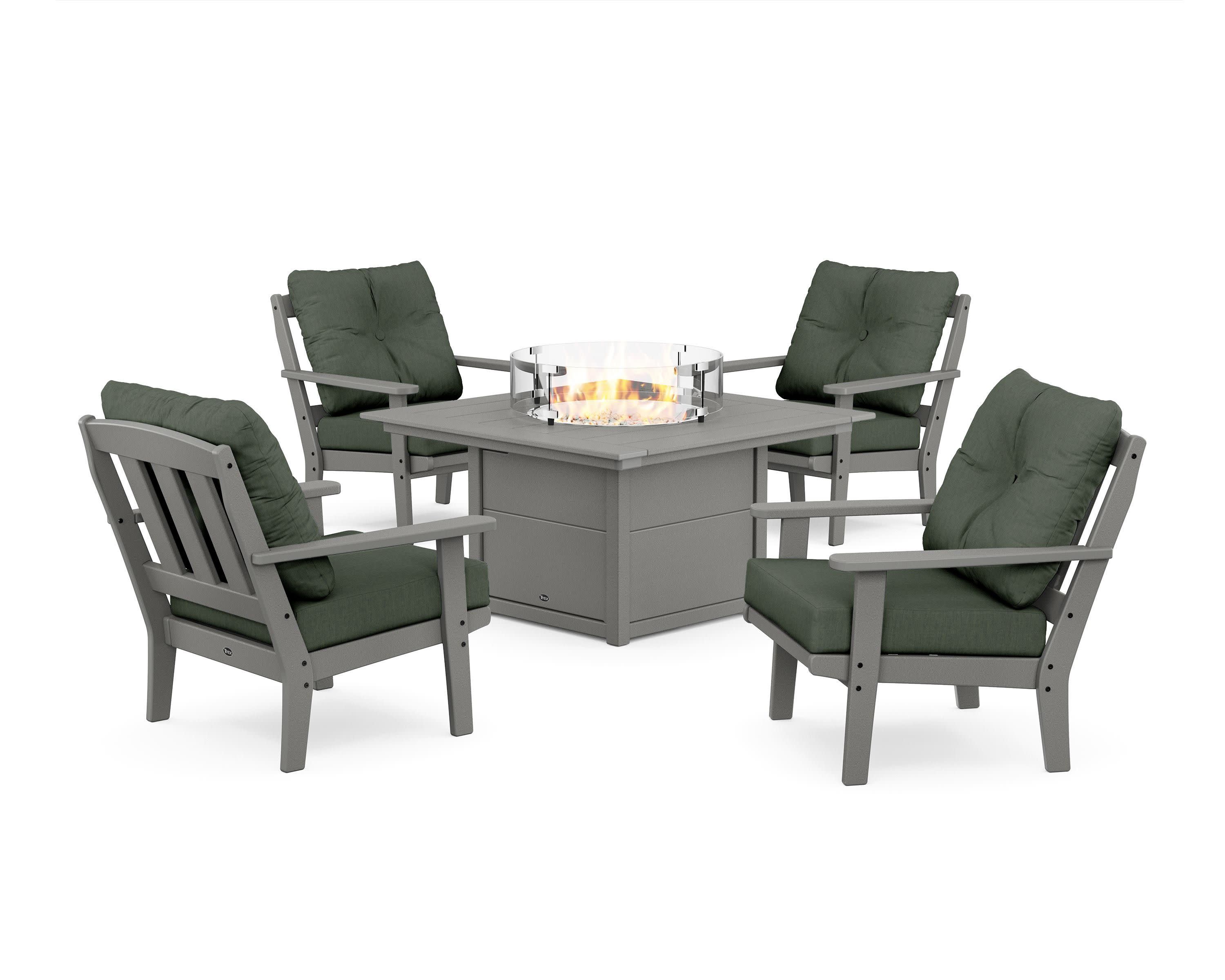 Cape Cod 5-Piece Deep Seating Set with Fire Pit Table in Stepping Stone / Cast Sage