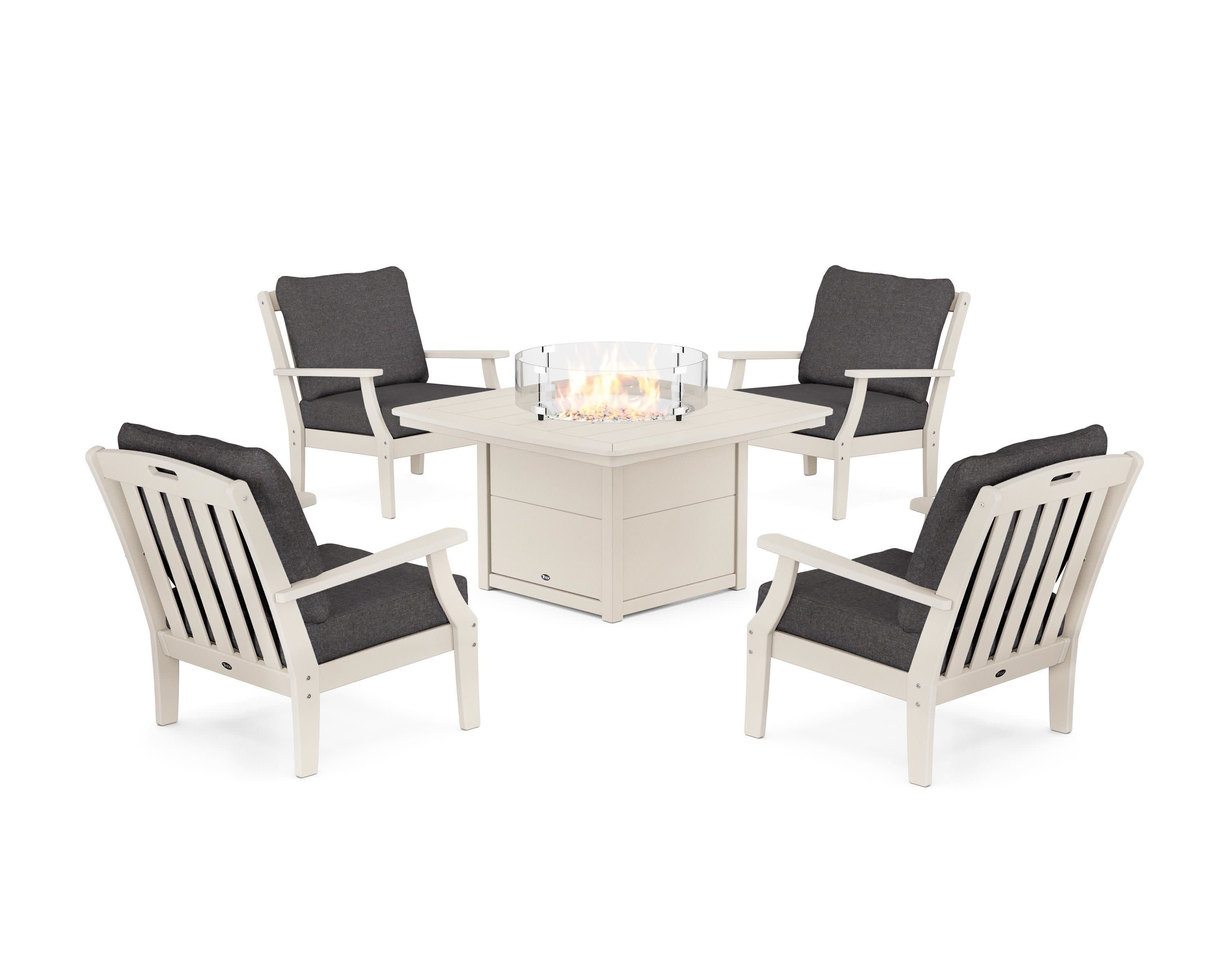 Yacht Club 5-Piece Deep Seating Set with Fire Pit Table in Sand Castle / Ash Charcoal