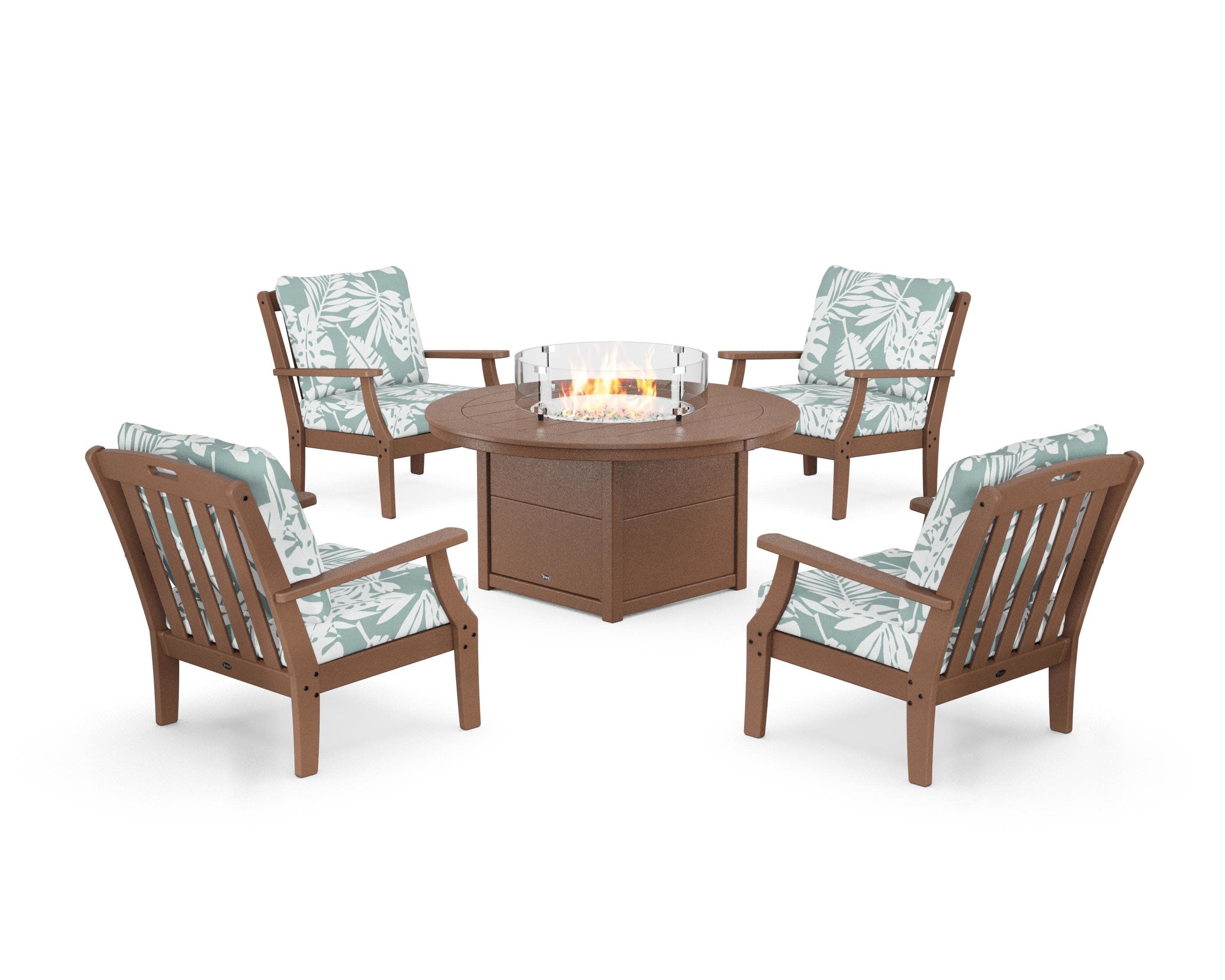 Yacht Club 5-Piece Deep Seating Set with Round Fire Pit Table in Tree House / Leaf Glacier Spa