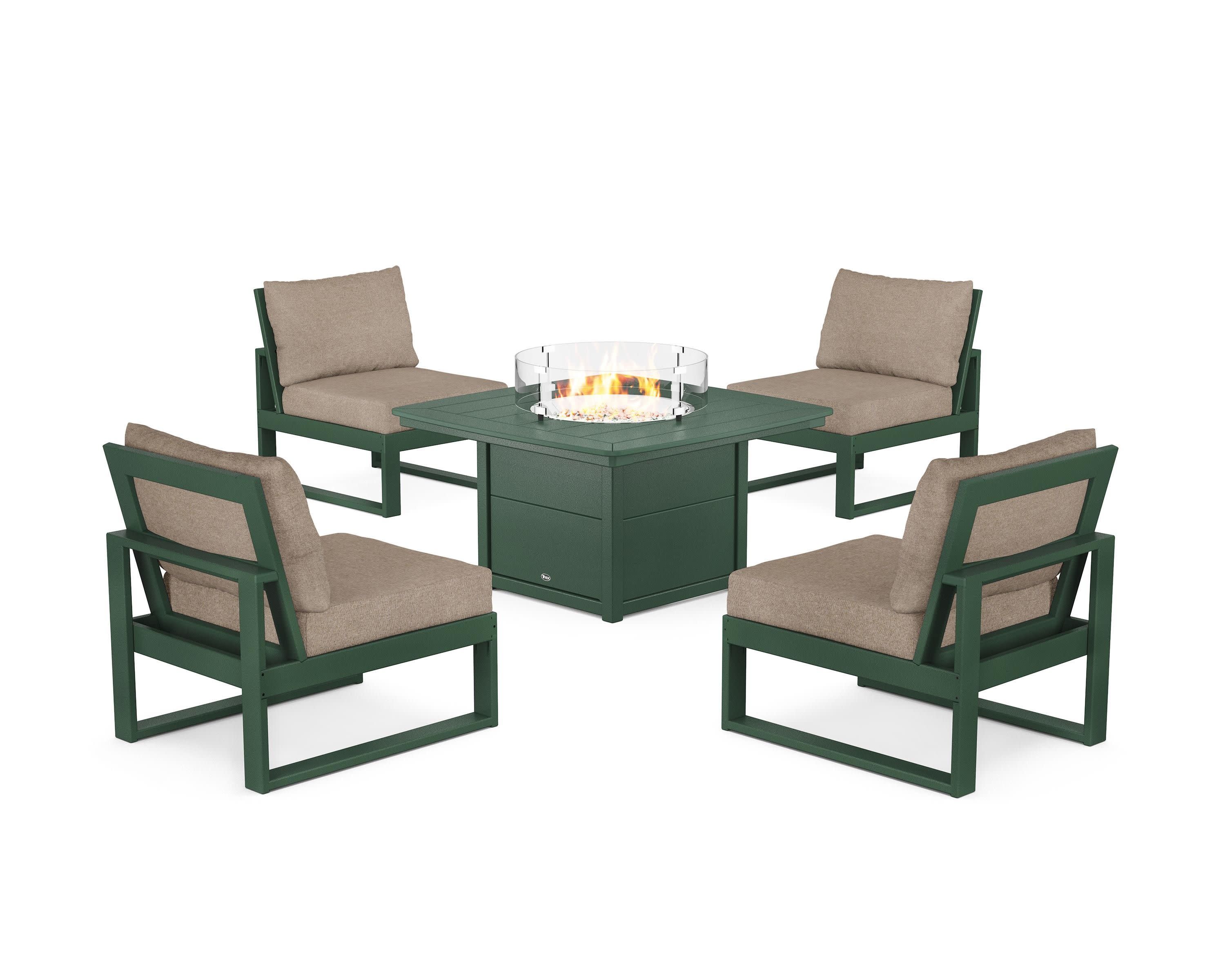 Eastport Modular 5-Piece Deep Seating Set with Yacht Club Fire Pit Table in Rainforest Canopy / Spiced Burlap
