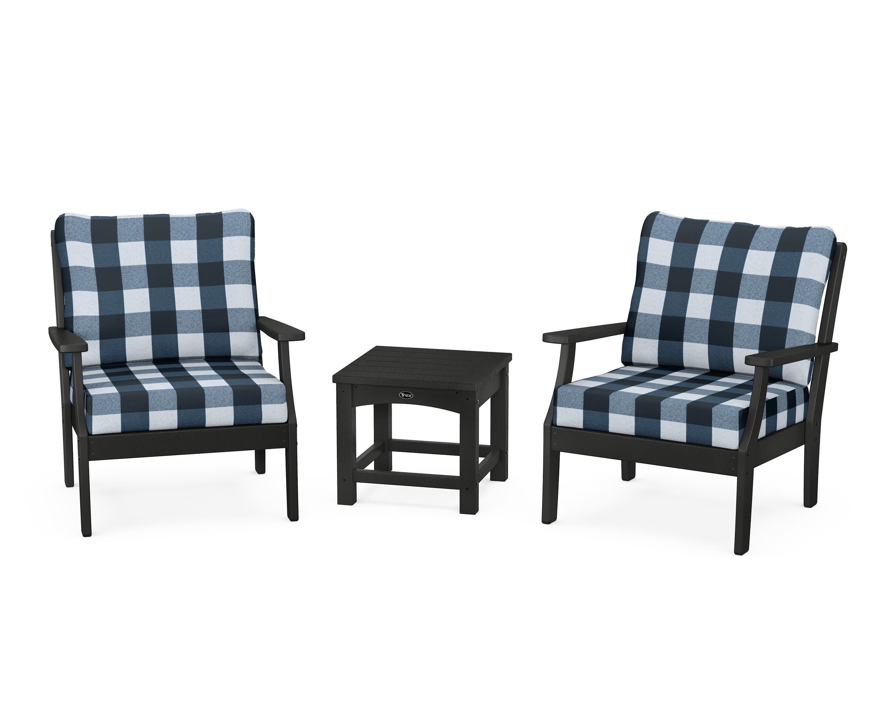 Yacht Club 3-Piece Deep Seating Set in Charcoal Black / Buffalo Plaid Marine Indigo