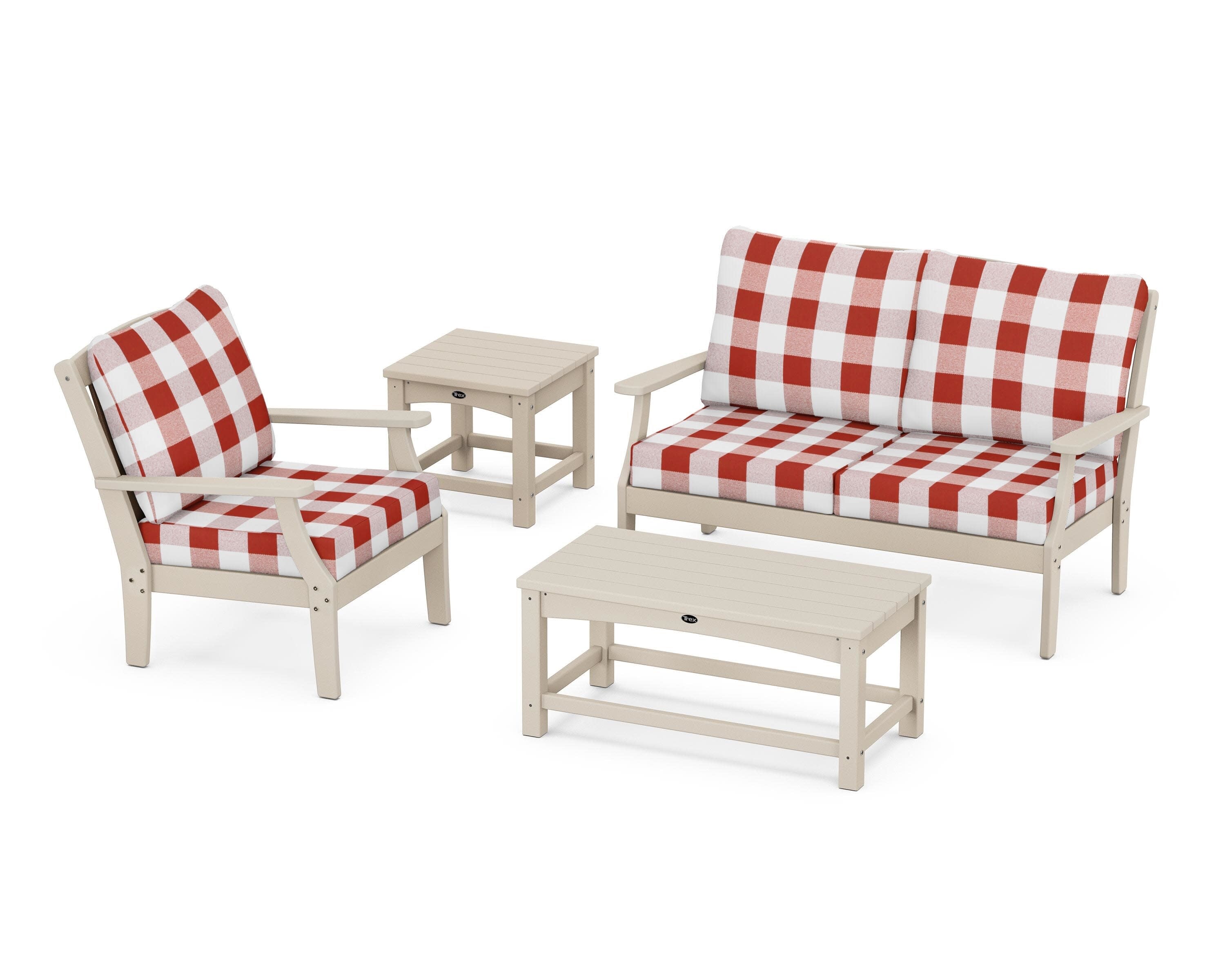 Yacht Club 4-Piece Deep Seating Set in Sand Castle / Buffalo Plaid Crimson