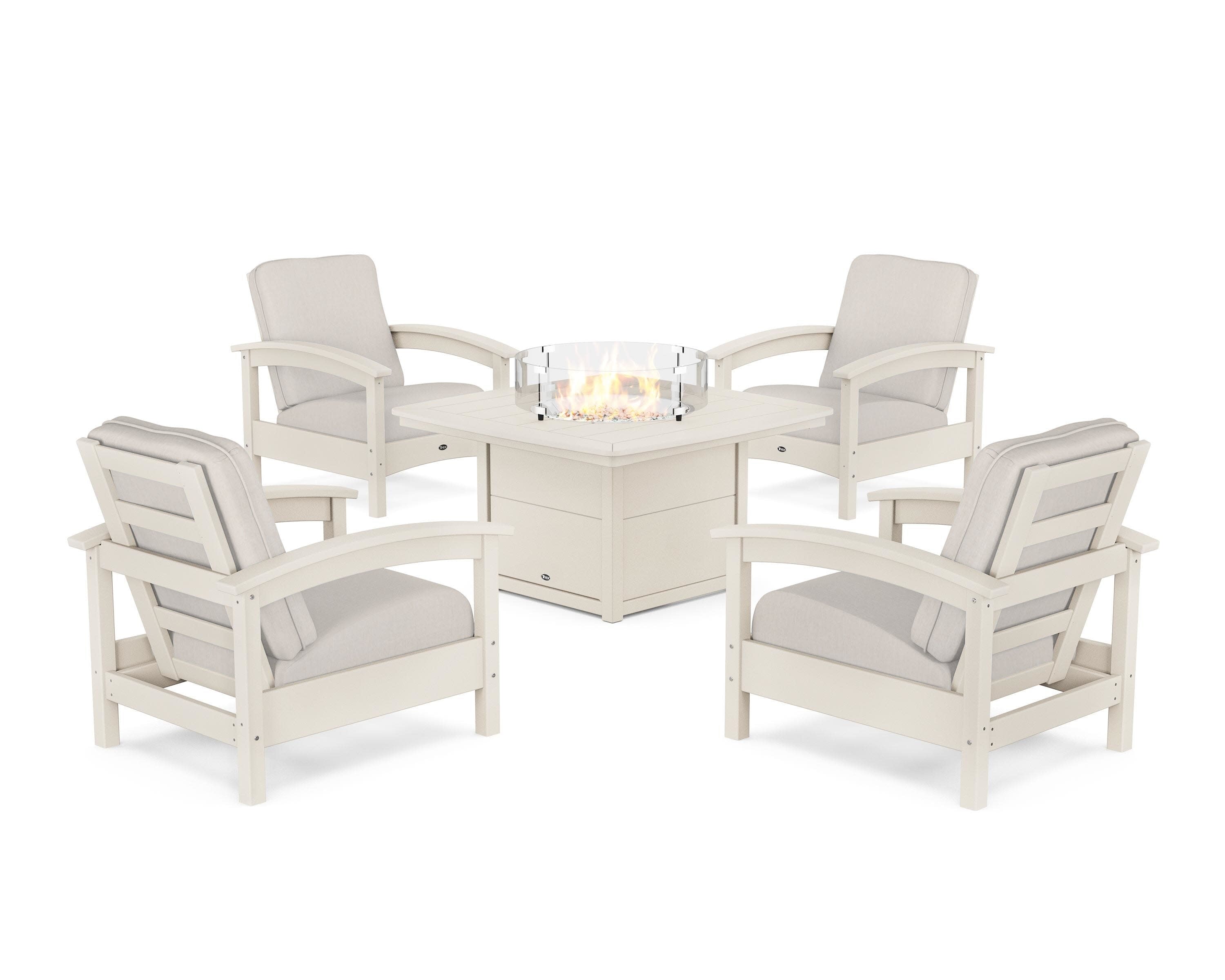 Rockport 5-Piece Deep Seating Set with Yacht Club Fire Pit Table in Sand Castle / Cast Ash