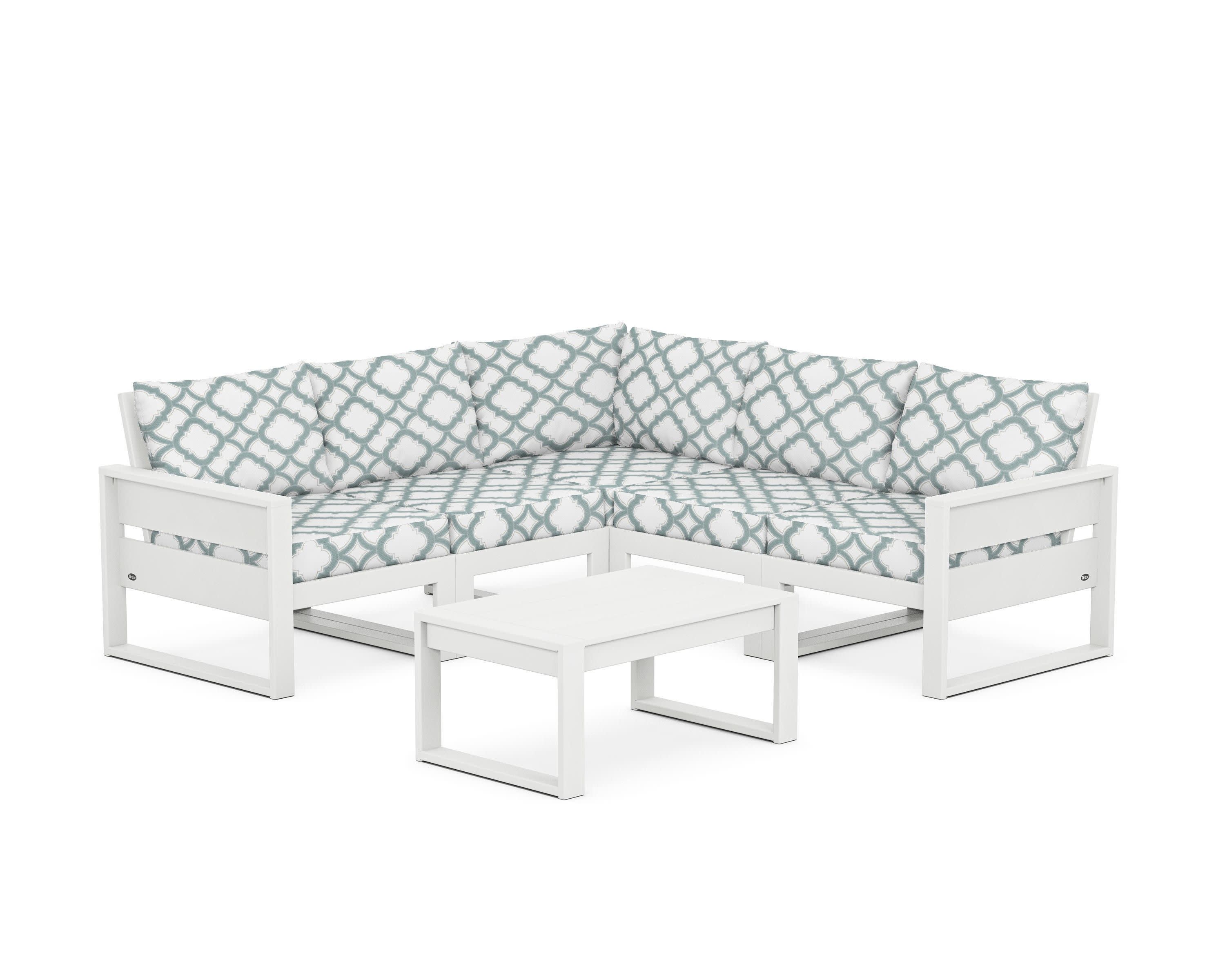 Eastport 6-Piece Deep Seating Sectional + Coffee Table Set in Classic White / Trellis Glacier Spa