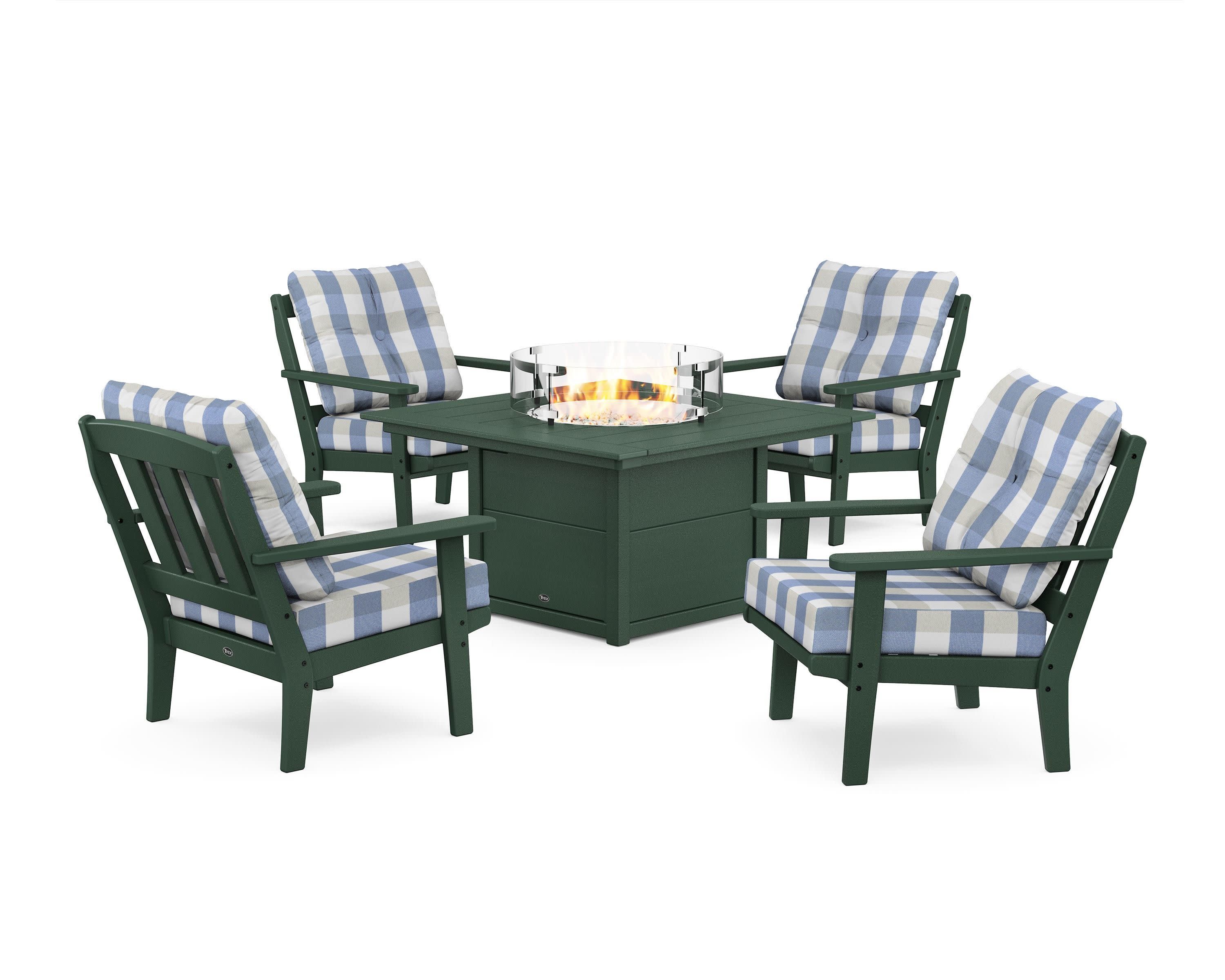 Cape Cod 5-Piece Deep Seating Set with Fire Pit Table in Rainforest Canopy / Buffalo Plaid Sky Blue