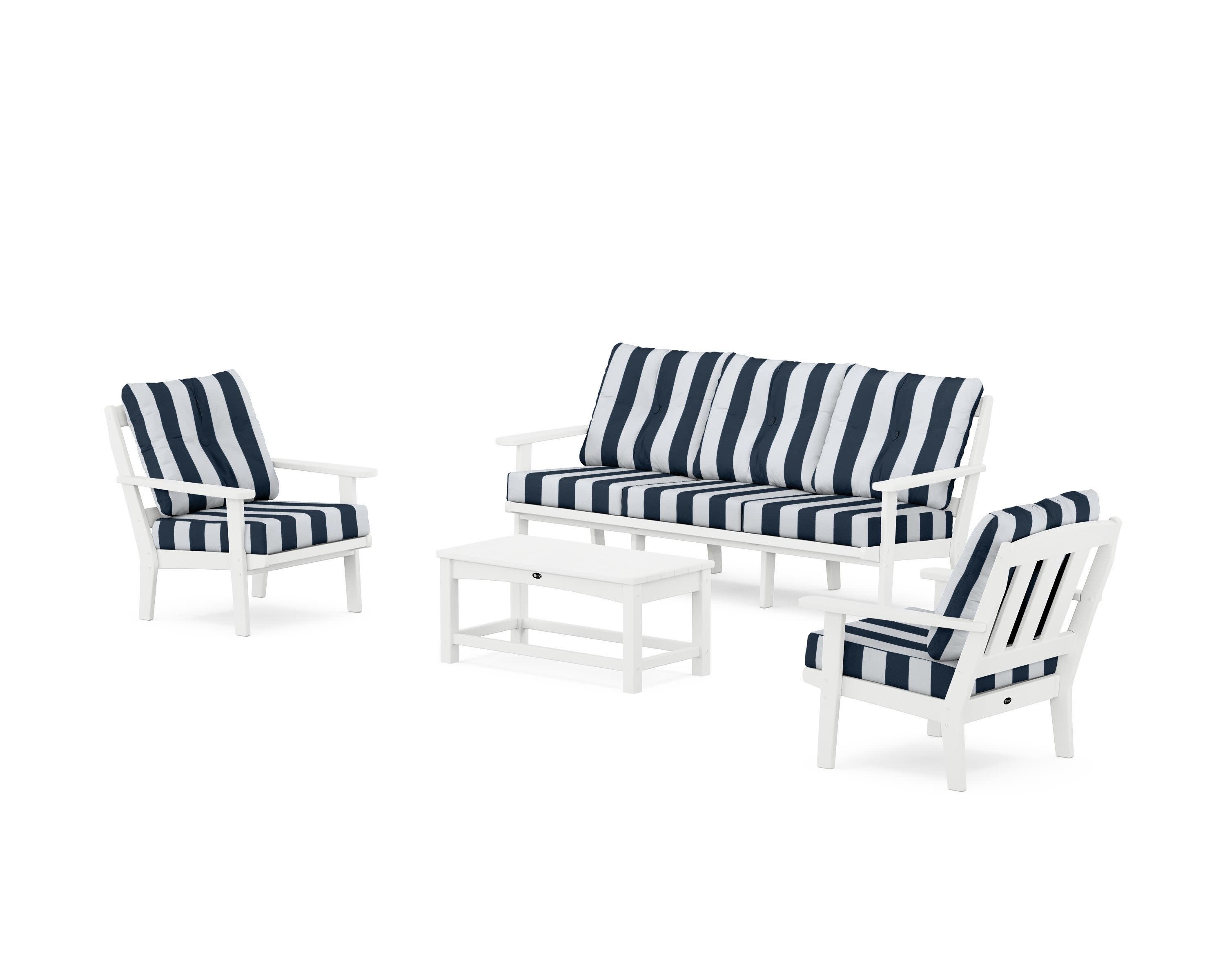Cape Cod 4-Piece Deep Seating Set with Sofa in Classic White / Cabana Stripe Marine Indigo