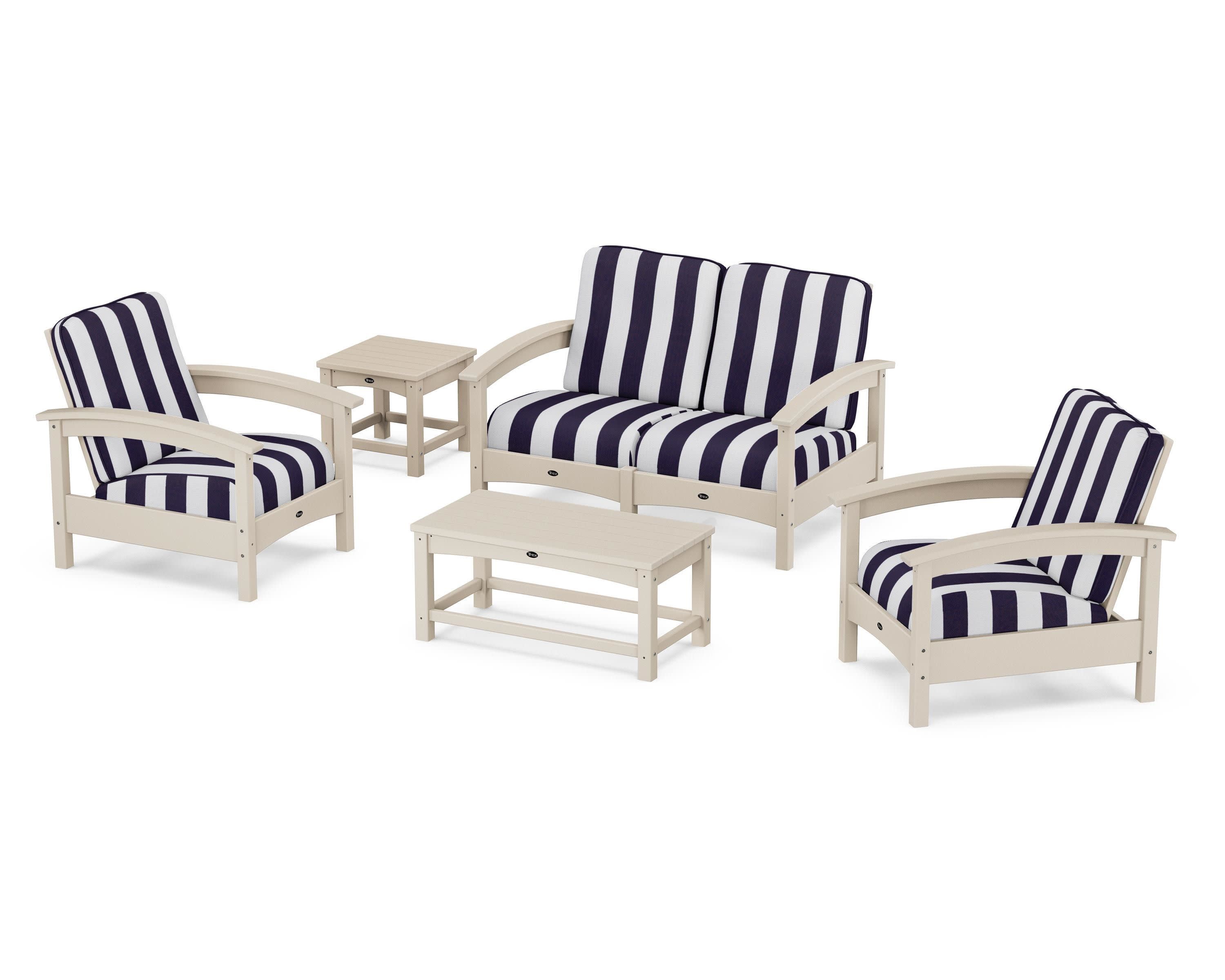 Rockport Club 6-Piece Deep Seating Conversation Set in Sand Castle / Cabana Stripe Navy