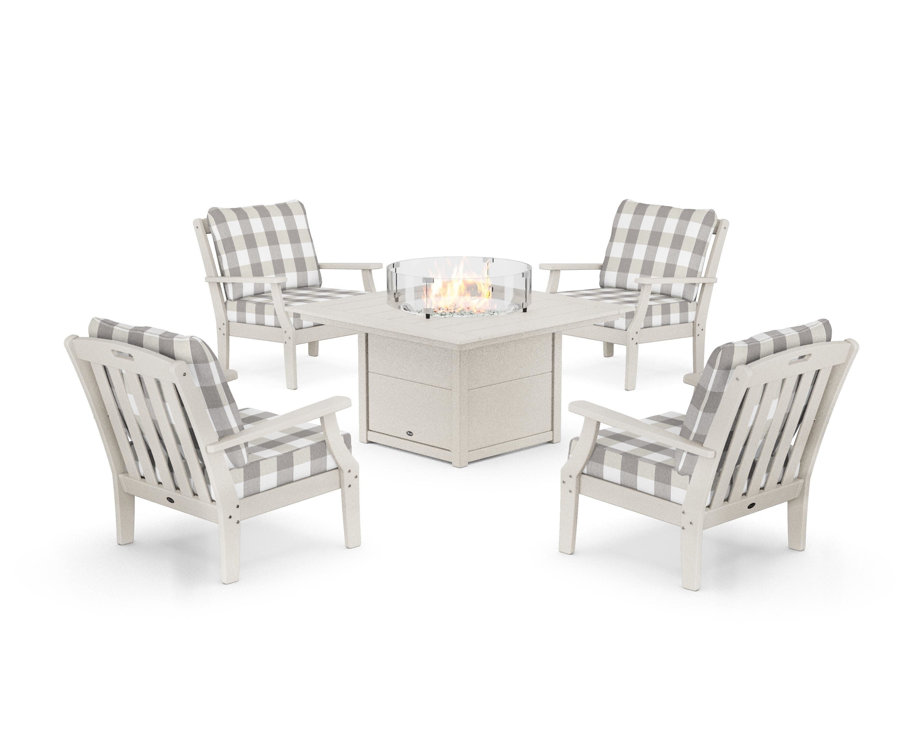 Yacht Club 5-Piece Deep Seating Set with Square Fire Pit Table in Sand Castle / Buffalo Plaid Grey Mist