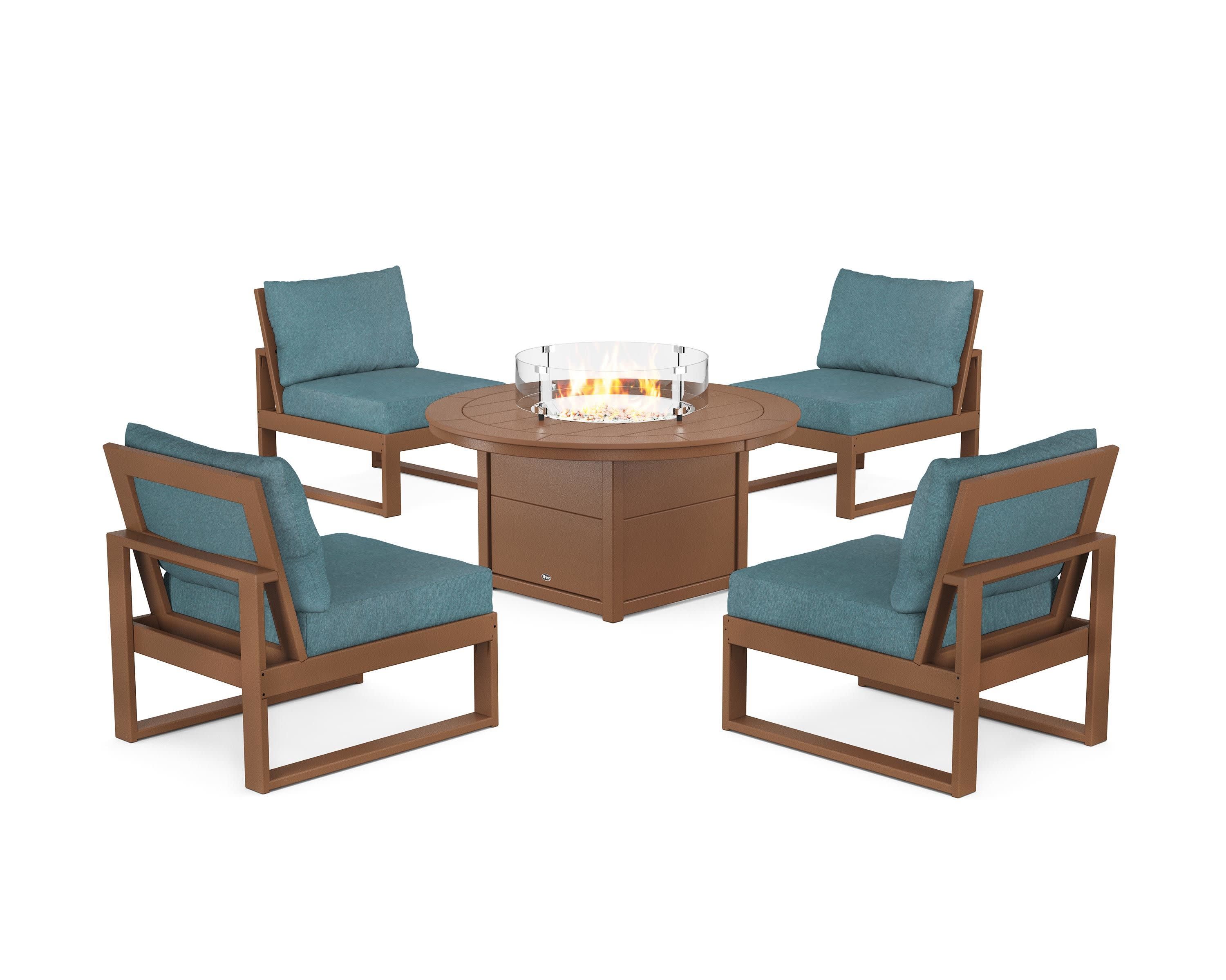 Eastport Modular 5-Piece Deep Seating Set with Round Fire Pit Table in Tree House / Ocean Teal