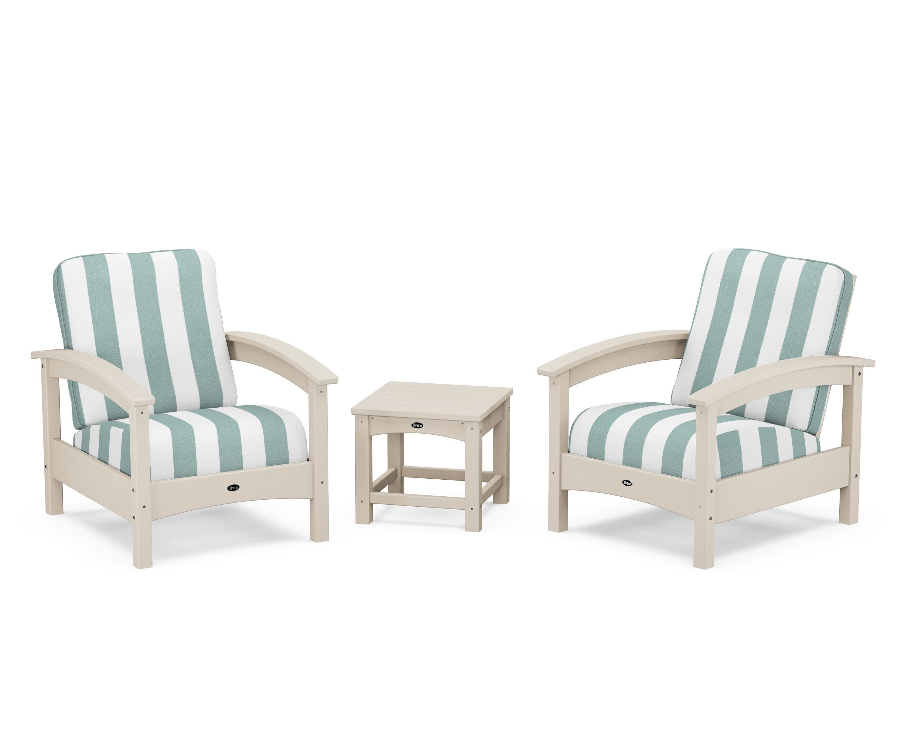 Rockport Club 3-Piece Deep Seating Conversation Set in Sand Castle / Cabana Stripe Glacier Spa