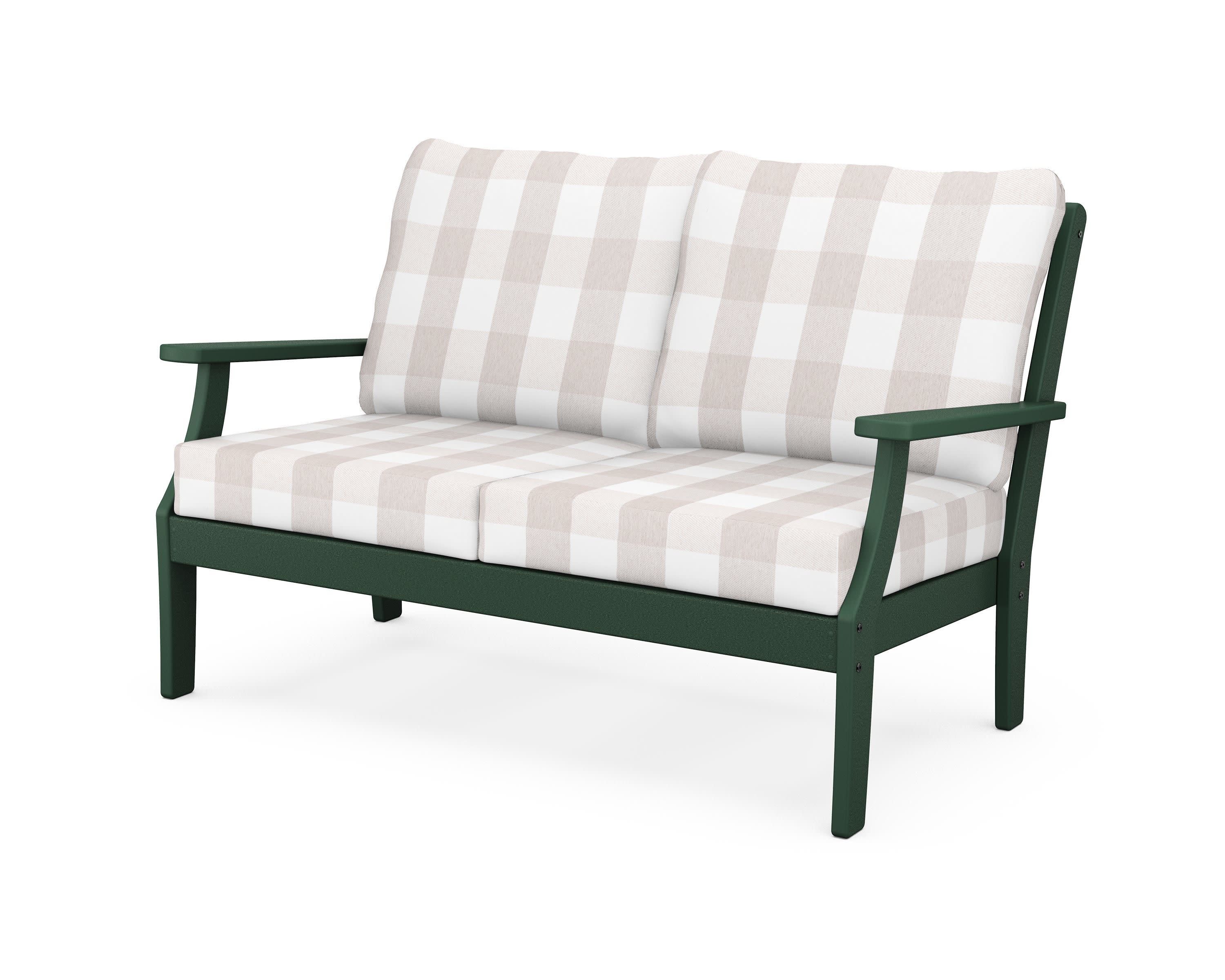 Yacht Club Deep Seating Loveseat in Rainforest Canopy / Buffalo Plaid Dune Burlap