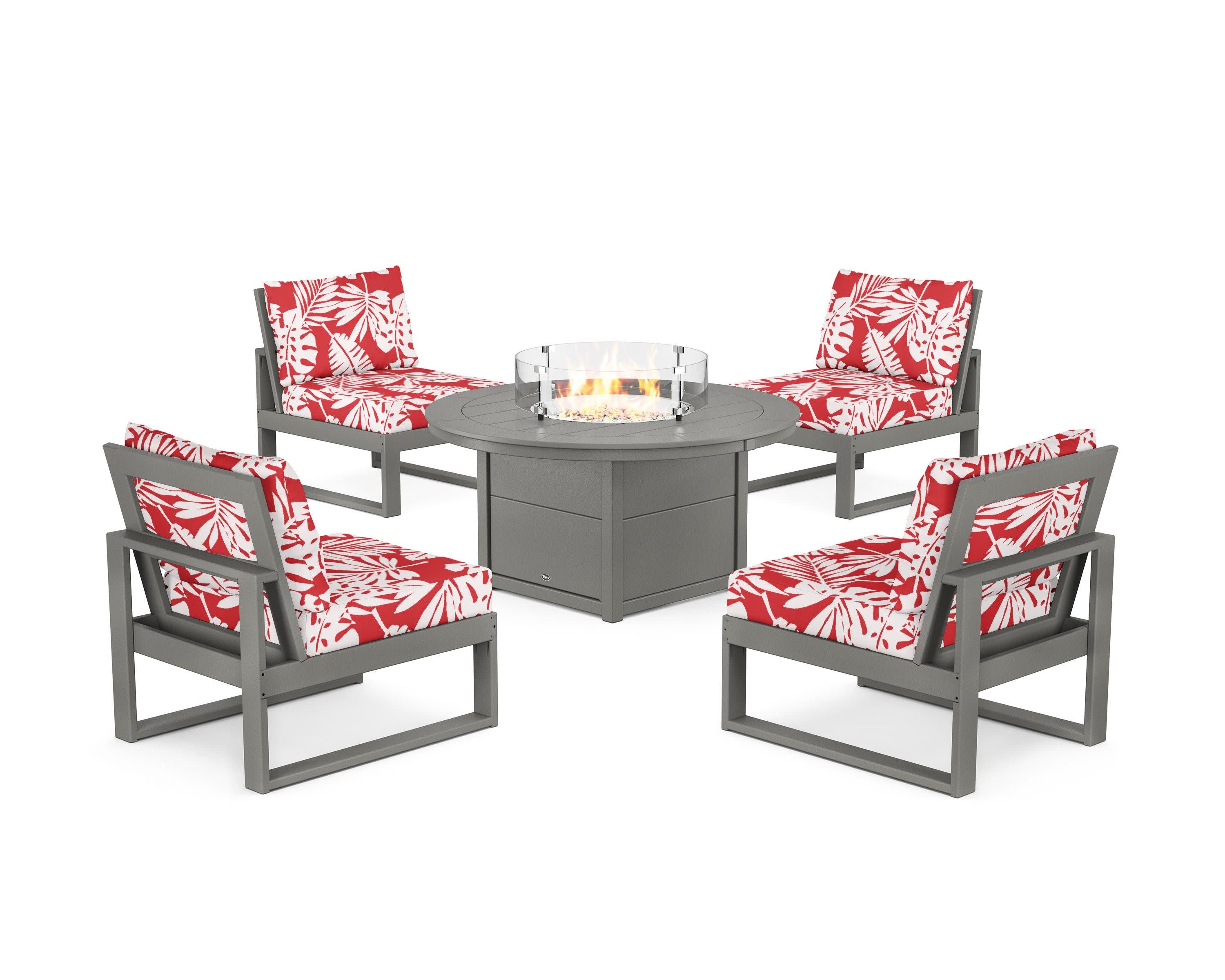 Eastport Modular 5-Piece Deep Seating Set with Round Fire Pit Table in Stepping Stone / Leaf Crimson