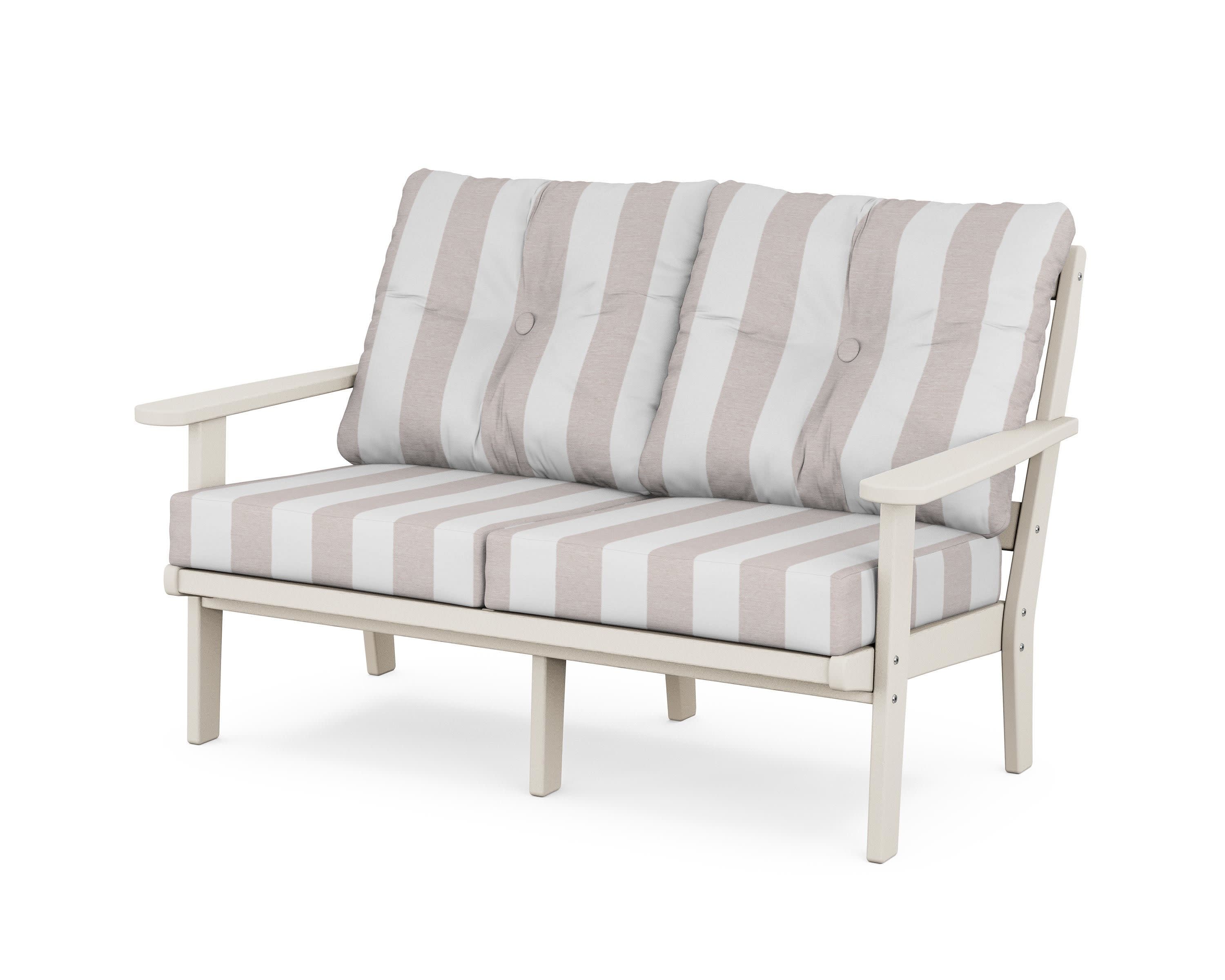 Cape Cod Deep Seating Loveseat in Sand Castle / Cabana Stripe Dune Burlap