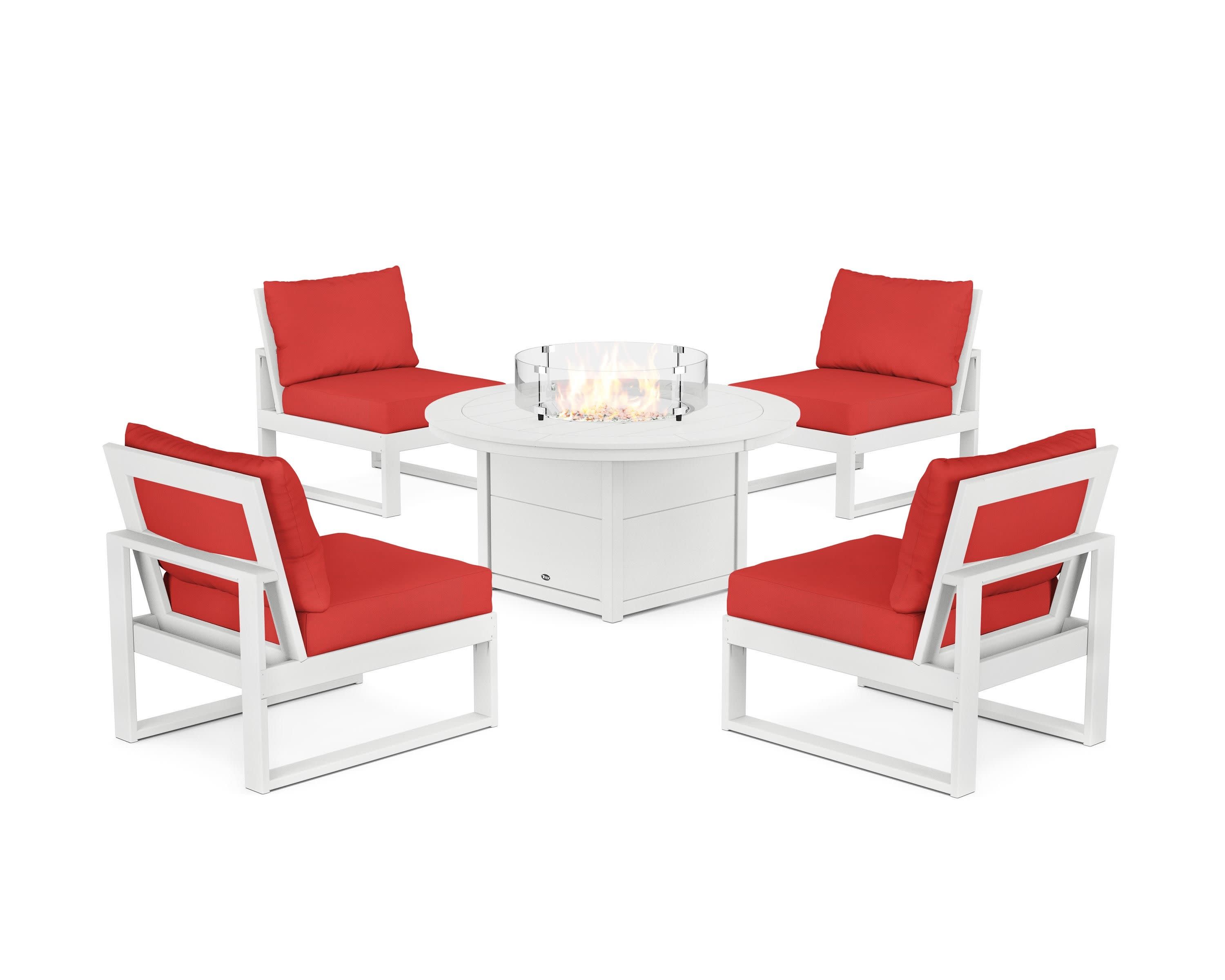 Eastport Modular 5-Piece Deep Seating Set with Round Fire Pit Table in Classic White / Crimson Linen