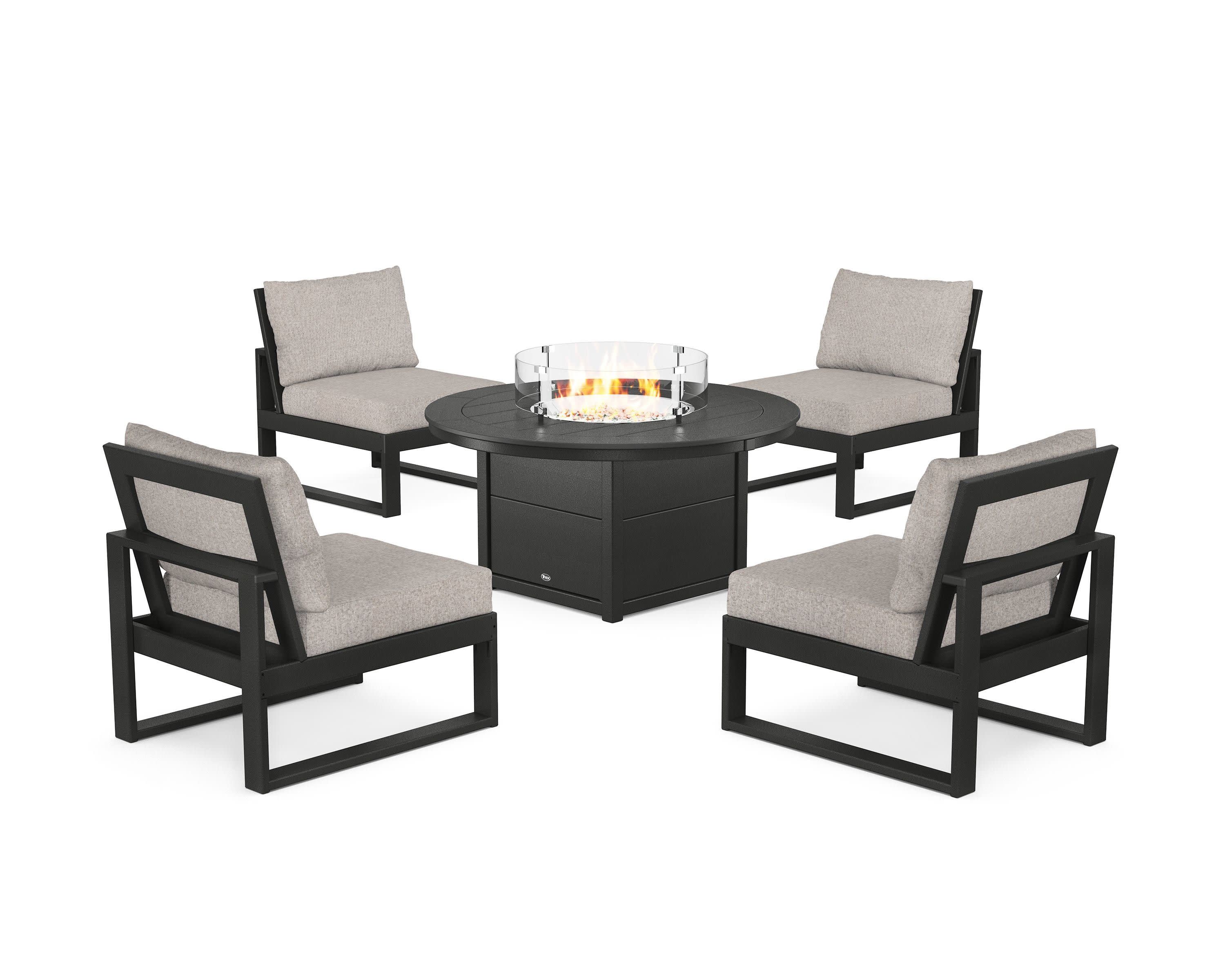 Eastport Modular 5-Piece Deep Seating Set with Round Fire Pit Table in Charcoal Black / Weathered Tweed