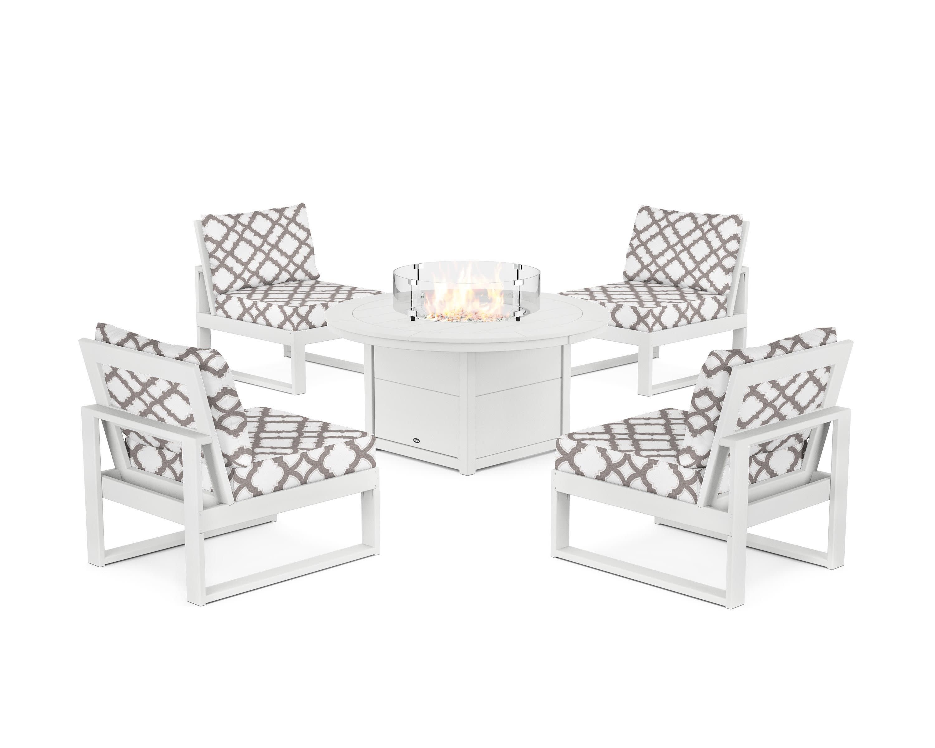 Eastport Modular 5-Piece Deep Seating Set with Round Fire Pit Table in Classic White / Trellis Grey Mist