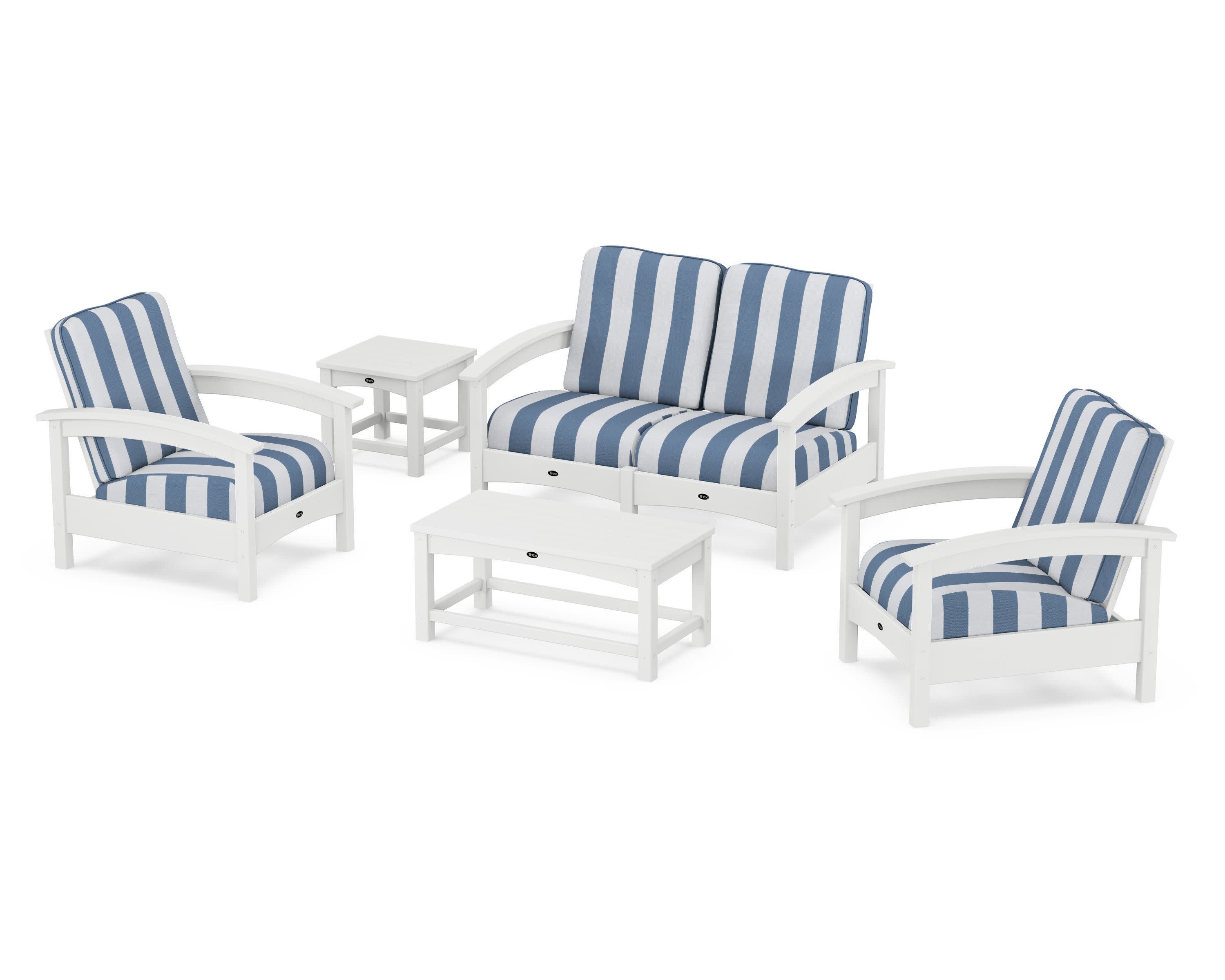 Rockport Club 6-Piece Deep Seating Conversation Set in Classic White / Cabana Stripe Sky Blue