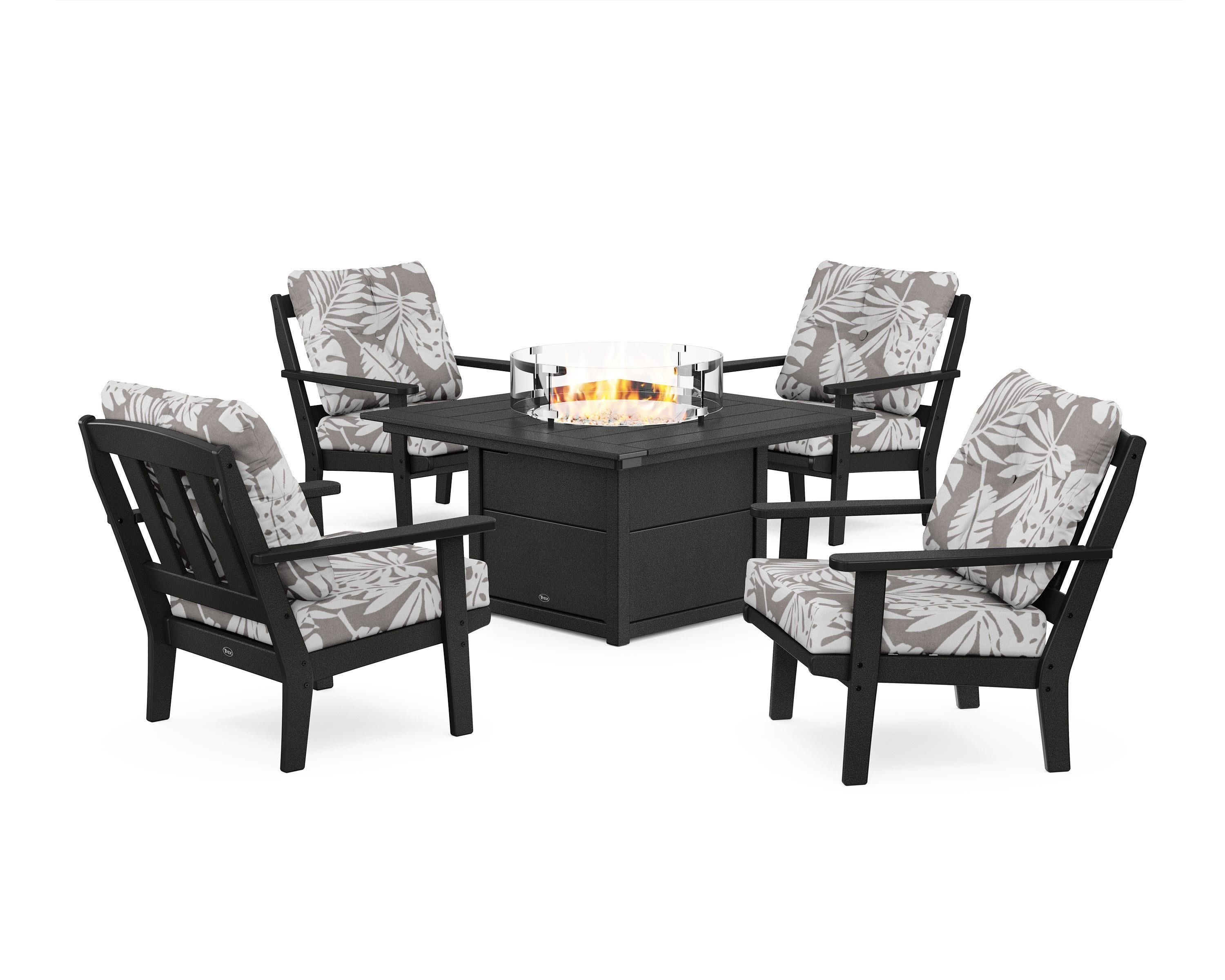 Cape Cod 5-Piece Deep Seating Set with Fire Pit Table in Charcoal Black / Leaf Grey Mist