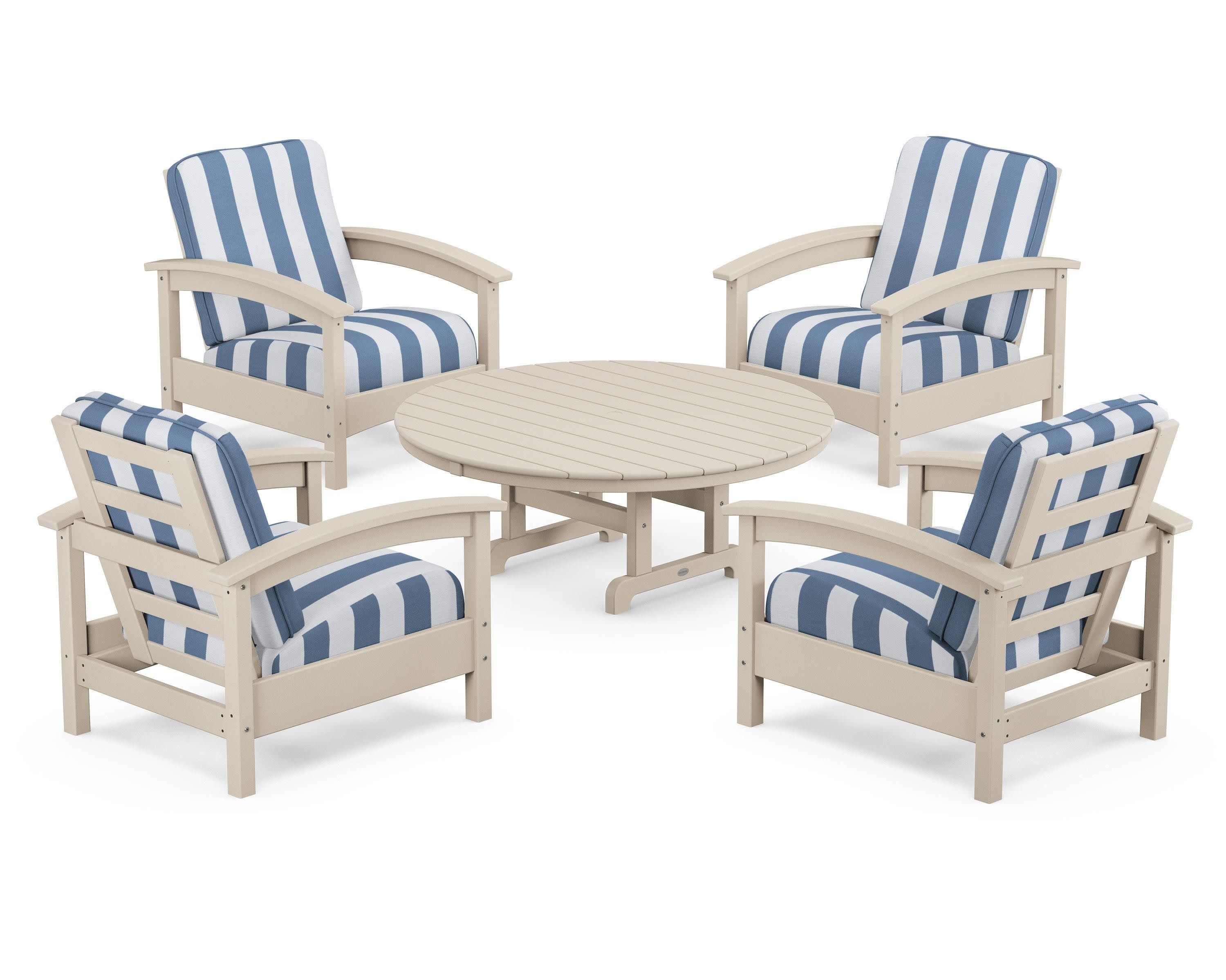 Rockport 5-Piece Deep Seating Set in Sand Castle / Cabana Stripe Sky Blue