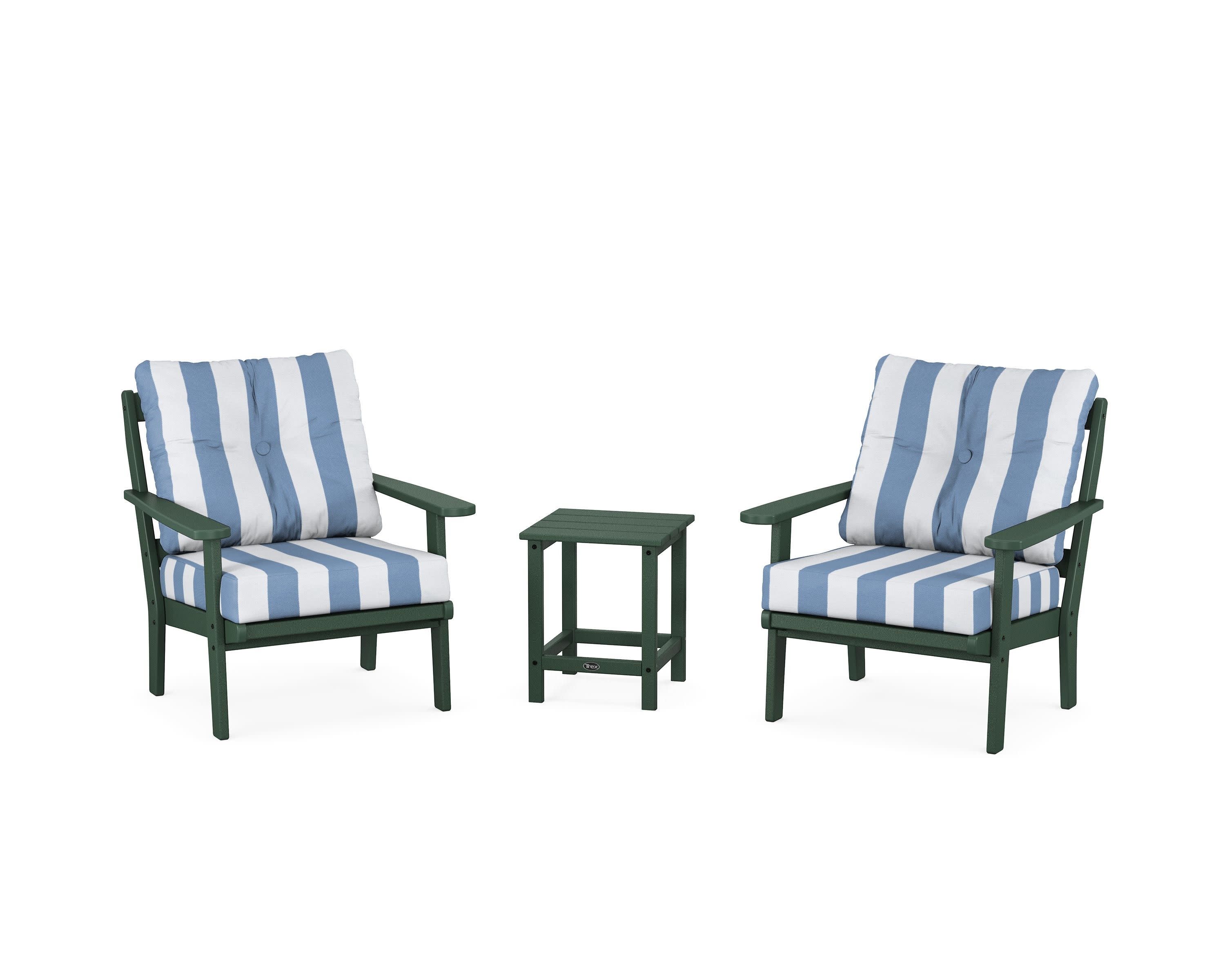 Cape Cod 3-Piece Deep Seating Set in Rainforest Canopy / Cabana Stripe Sky Blue