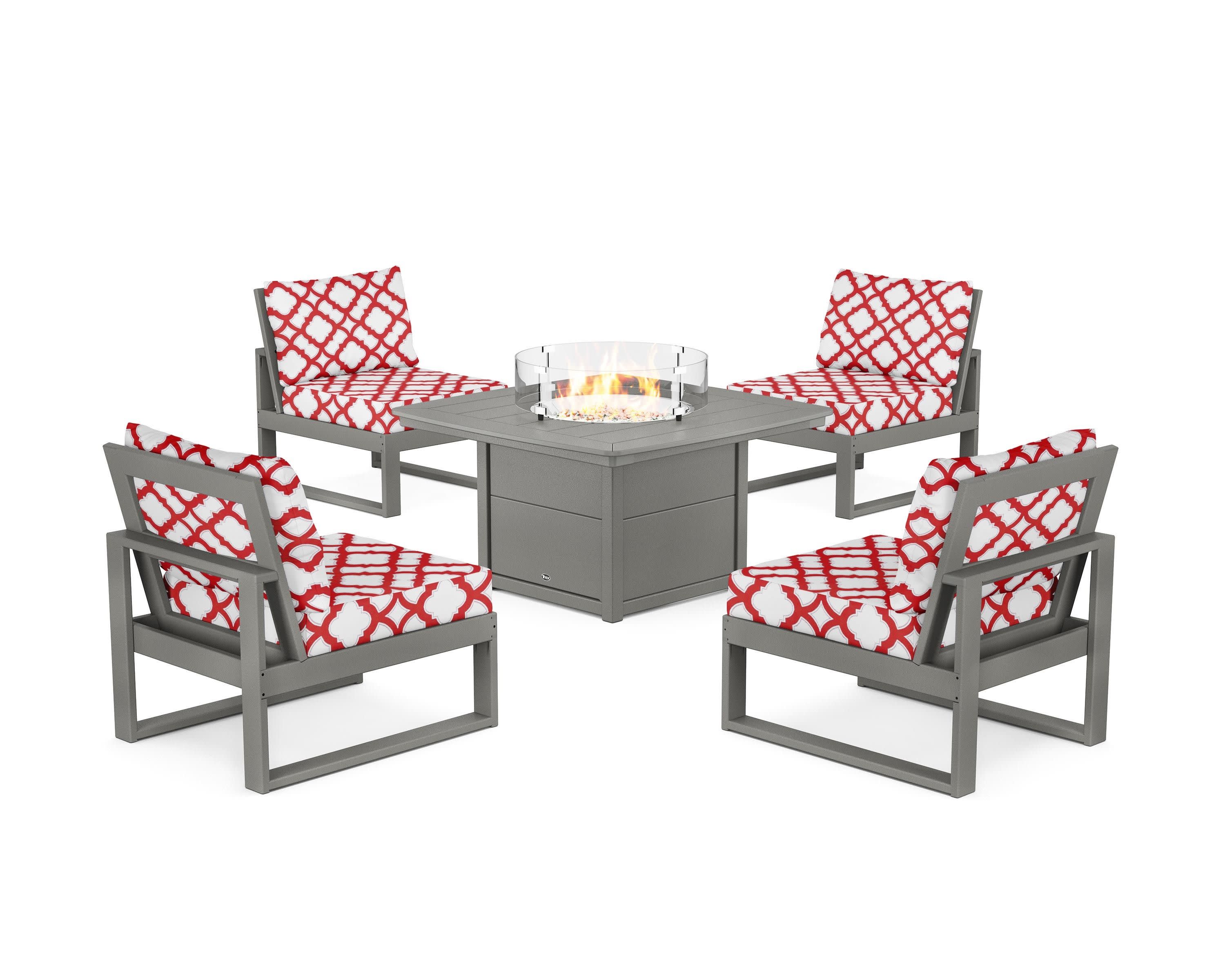 Eastport Modular 5-Piece Deep Seating Set with Yacht Club Fire Pit Table in Stepping Stone / Trellis Crimson