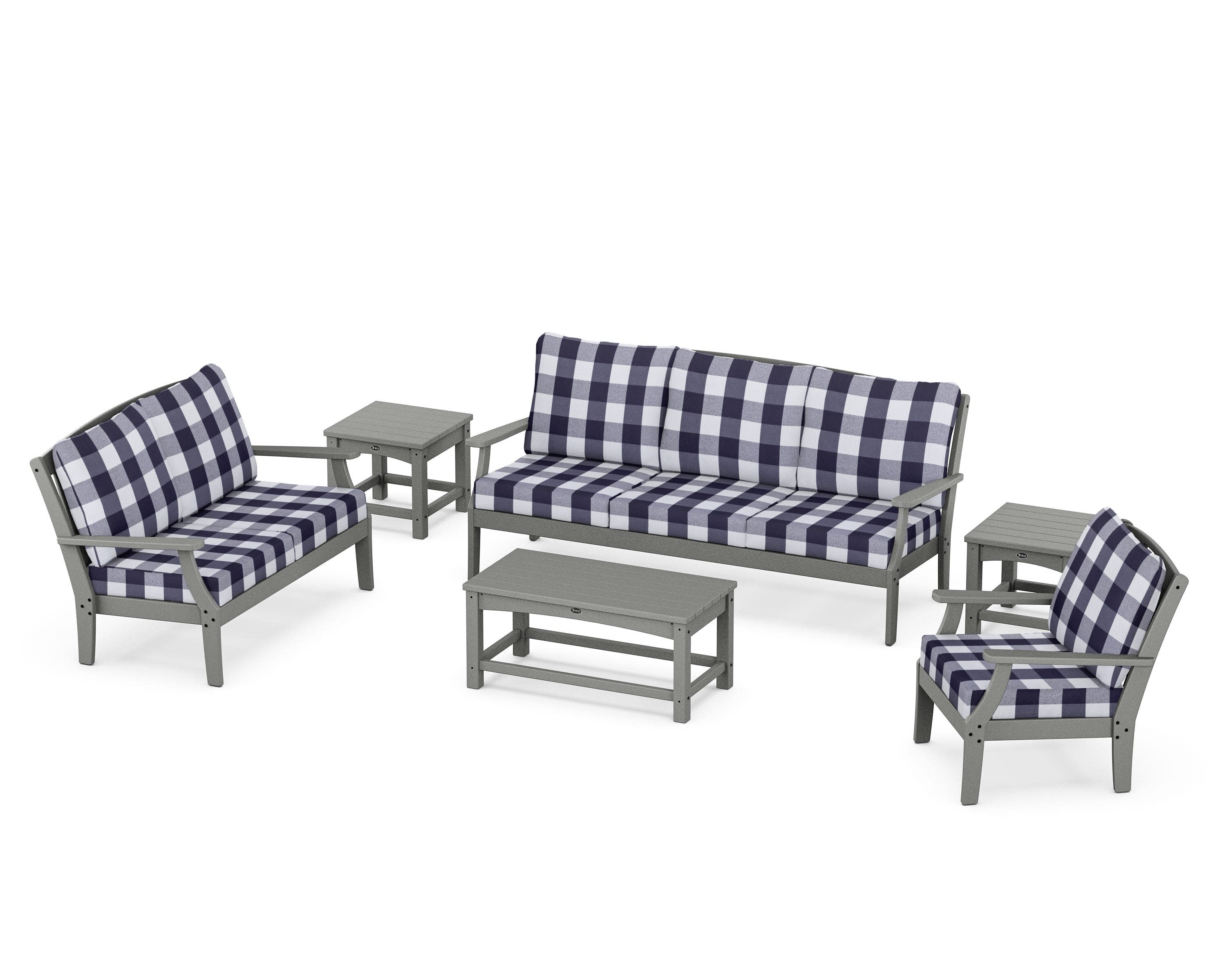 Yacht Club 6-Piece Deep Seating Set in Stepping Stone / Buffalo Plaid Navy