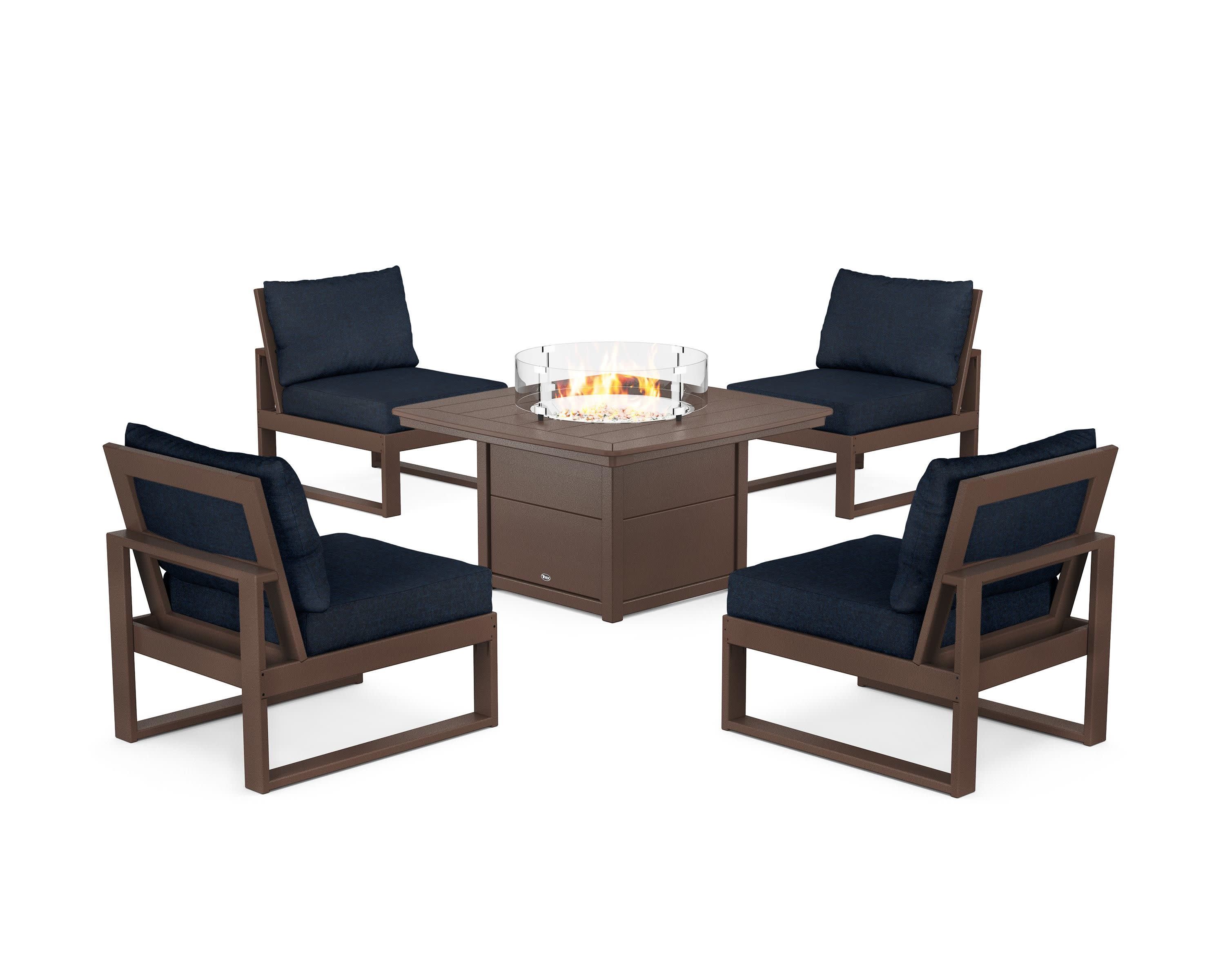 Eastport Modular 5-Piece Deep Seating Set with Yacht Club Fire Pit Table in Vintage Lantern / Marine Indigo